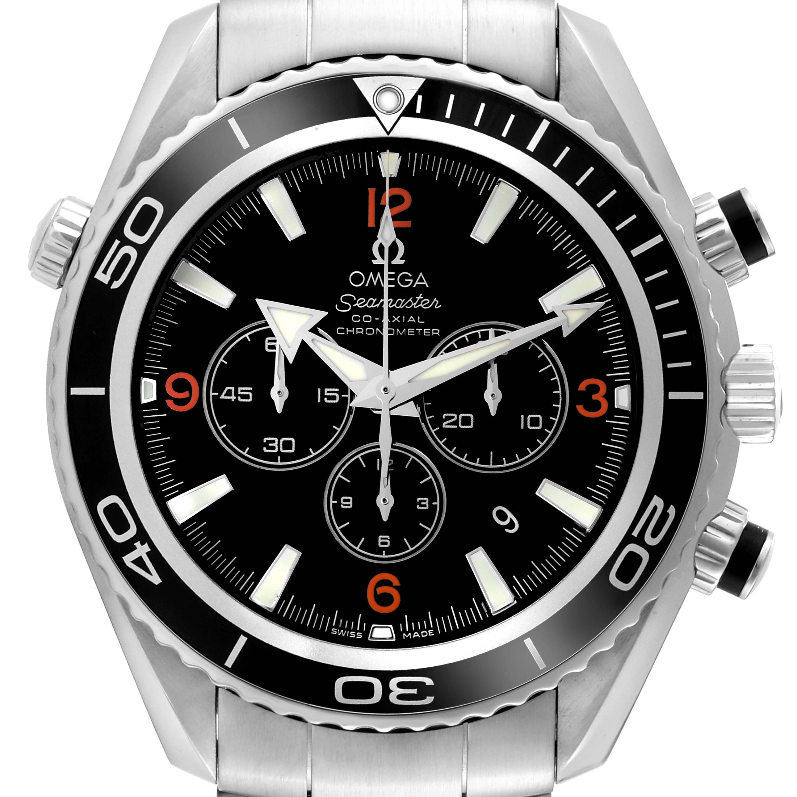 The image shows a front view of the Omega Planet Ocean 2210.51.00 Men's Stainless Steel Black Dial 2210.51.00 Men's Stainless Steel Black Dial Seamaster watch, highlighting the black dial, bezel, and chronograph subdials.