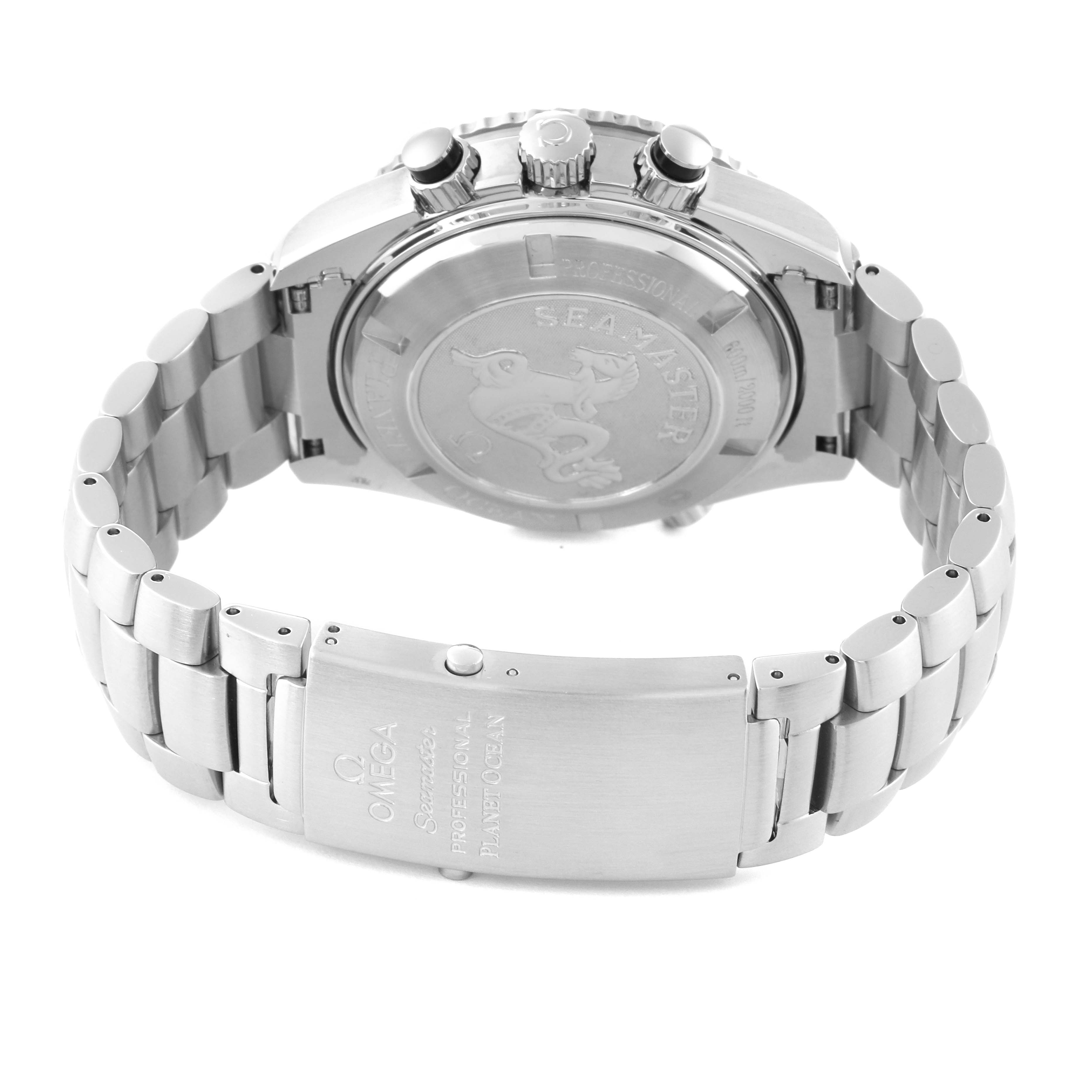 This image shows the back case and bracelet of the Omega Planet Ocean 2210.51.00 Men's Stainless Steel Black Dial 2210.51.00 Men's Stainless Steel Black Dial watch, showcasing its clasp and engraved case back.