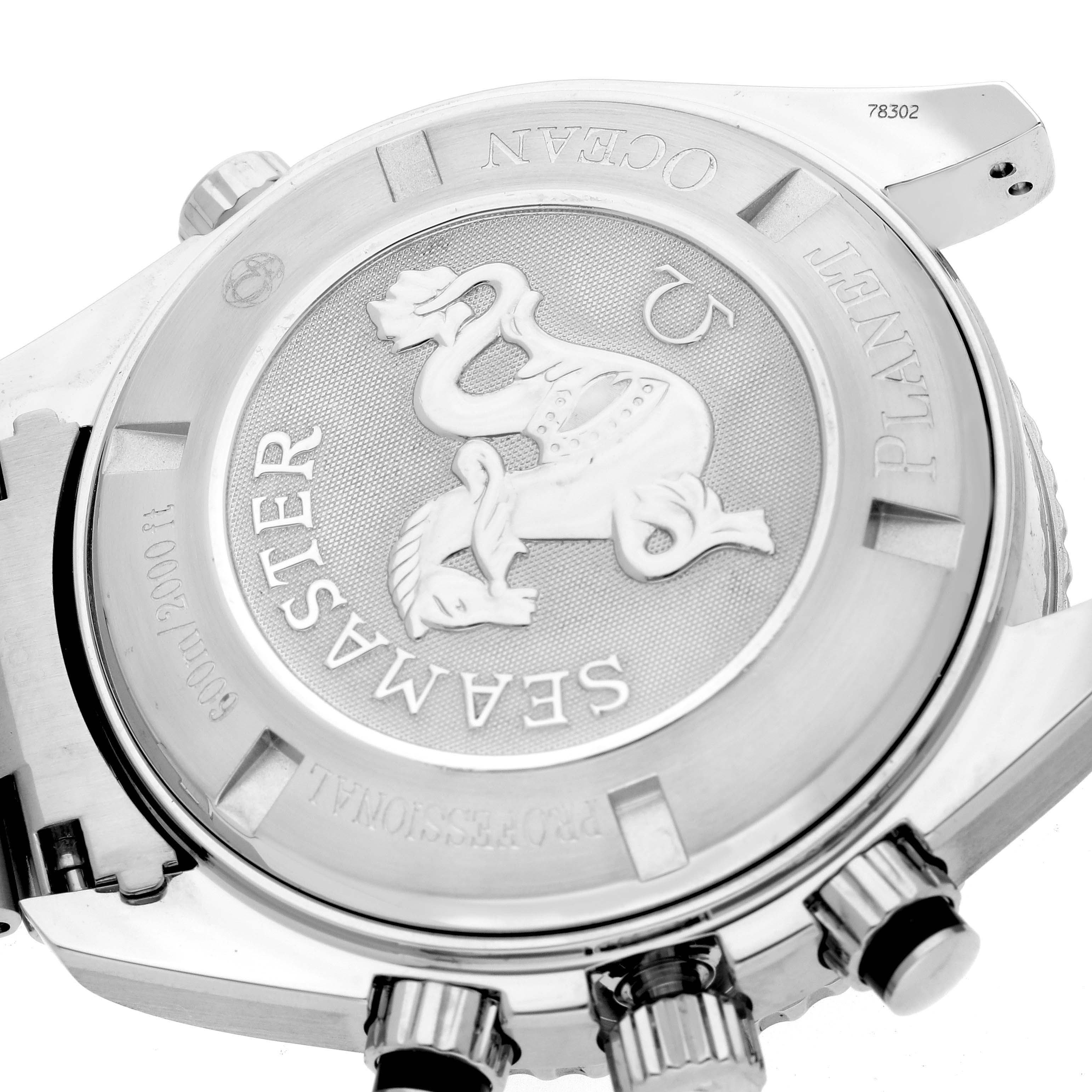 The image shows the back of the Omega Planet Ocean 2210.51.00 Men's Stainless Steel Black Dial 2210.51.00 Men's Stainless Steel Black Dial Seamaster watch, highlighting the case back, engraving, and branding.