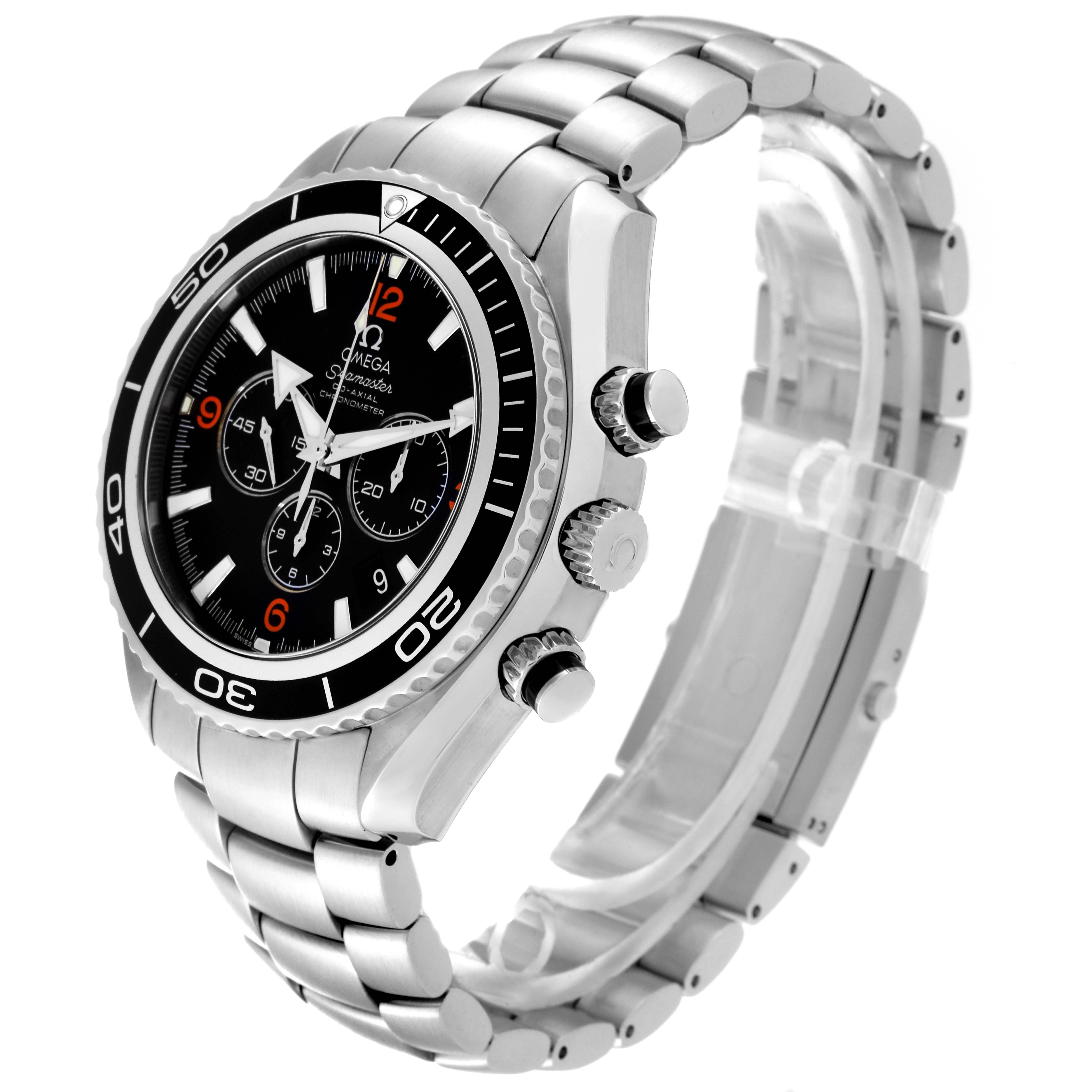 The Omega Planet Ocean 2210.51.00 Men's Stainless Steel Black Dial 2210.51.00 Men's Stainless Steel Black Dial model is shown from a front-left angle, highlighting the face, bezel, and steel bracelet.