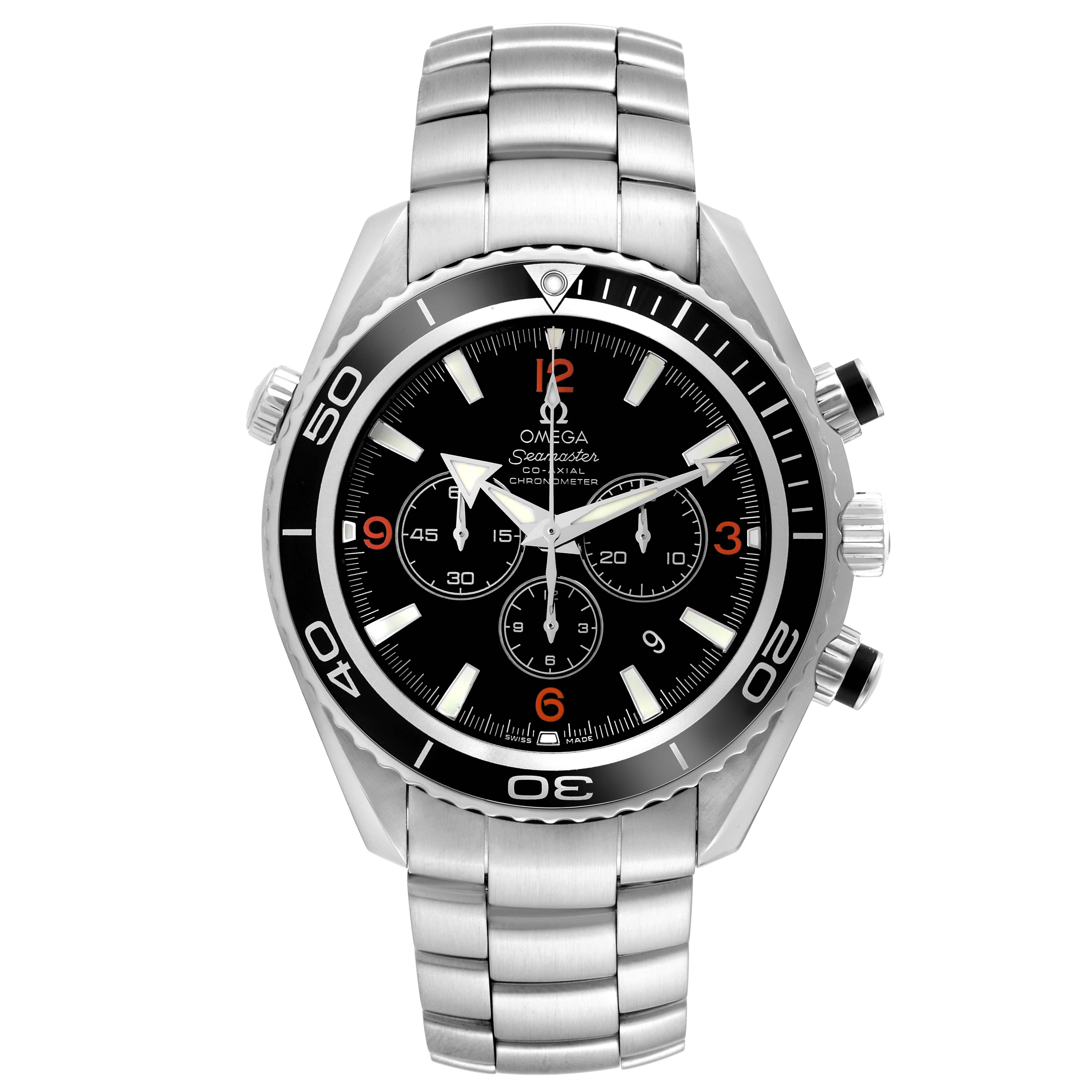 The image shows a front view of the Omega Planet Ocean 2210.51.00 Men's Stainless Steel Black Dial 2210.51.00 Men's Stainless Steel Black Dial model watch, including the dial, bezel, and stainless steel bracelet.