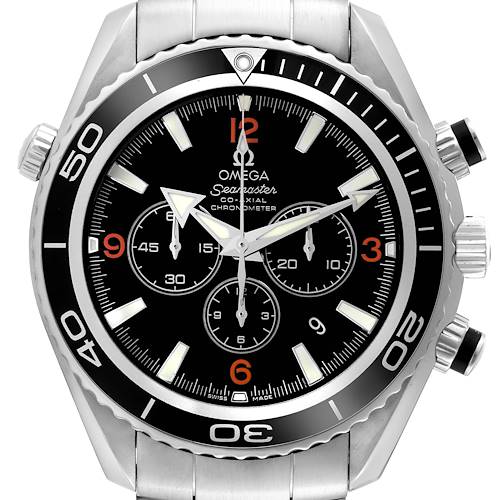 This image shows a front view of the Omega Planet Ocean Seamaster watch, highlighting the bezel, dial, chronograph subdials, and bracelet.