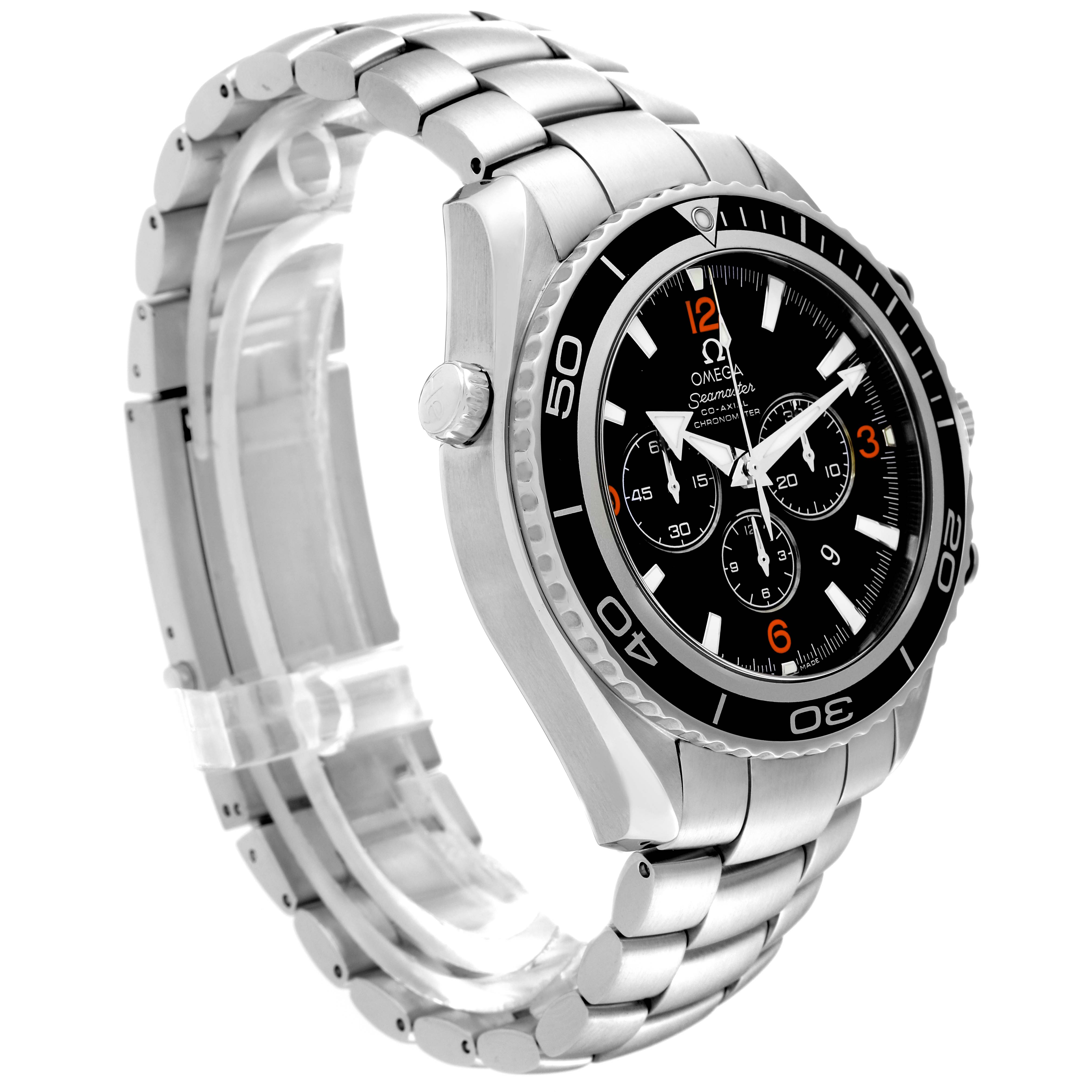 The Omega Planet Ocean 2210.51.00 Men's Stainless Steel Black Dial 2210.51.00 Men's Stainless Steel Black Dial watch is shown at a 3/4 angle, highlighting the bracelet, face, and crown.