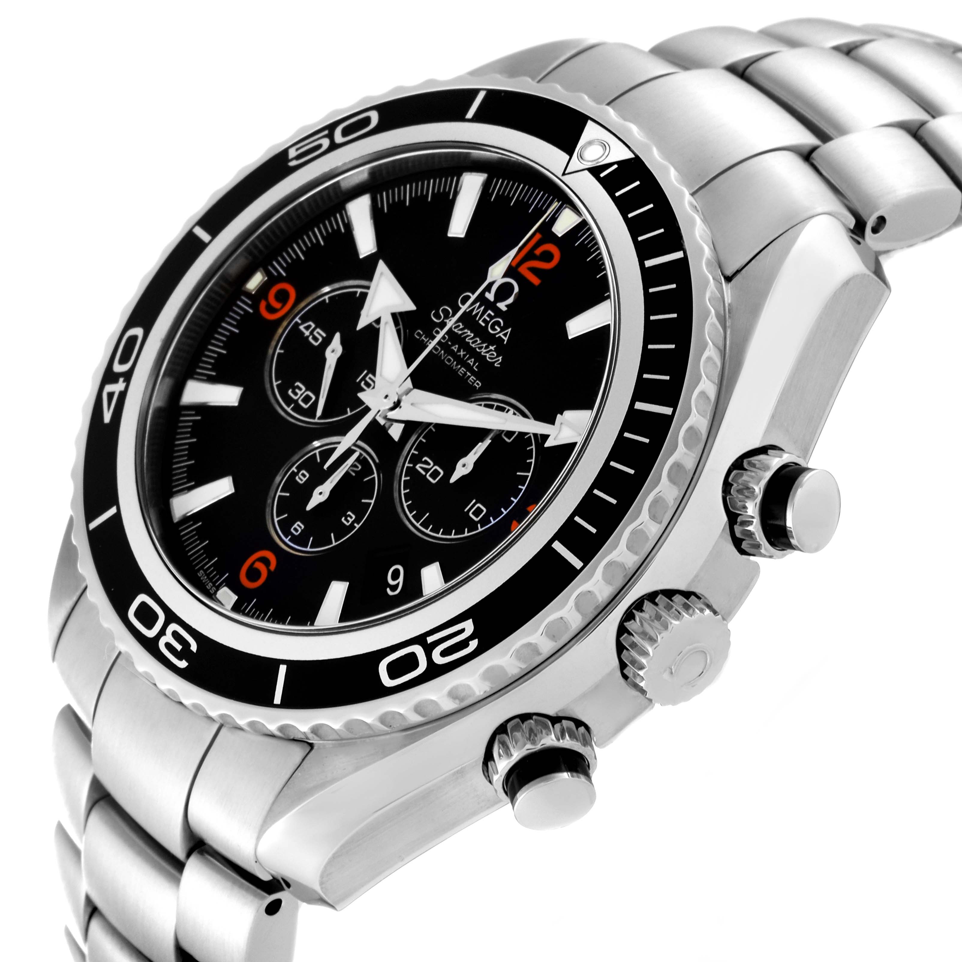The Omega Planet Ocean 2210.51.00 Men's Stainless Steel Black Dial 2210.51.00 Men's Stainless Steel Black Dial watch is shown at a slight angle, highlighting its bezel, dial, and stainless steel bracelet.