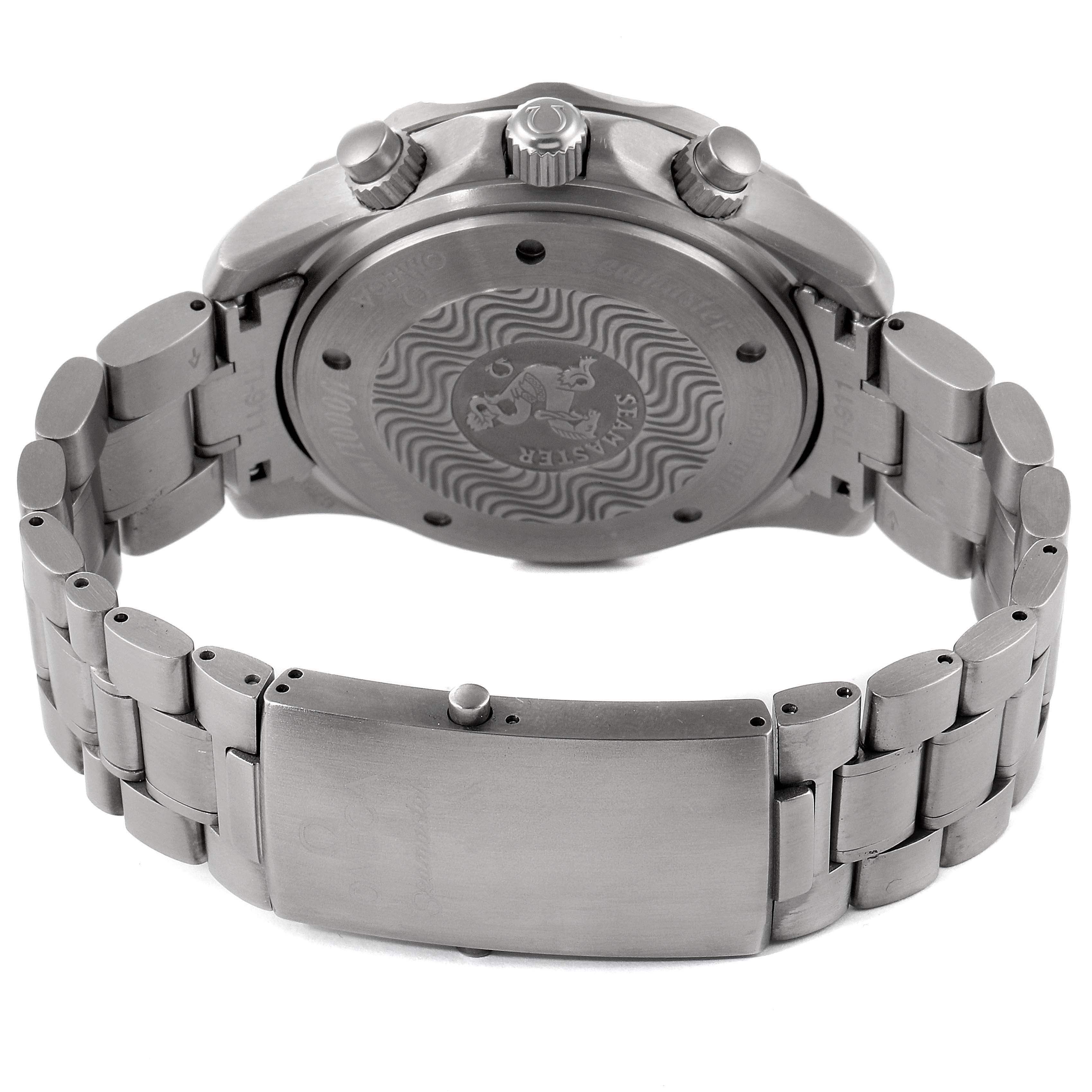 The image shows the back case, crown, and bracelet of an Omega Seamaster 2269.50.00 Men's Titanium Black Dial 2269.50.00 Men's Titanium Black Dial watch.