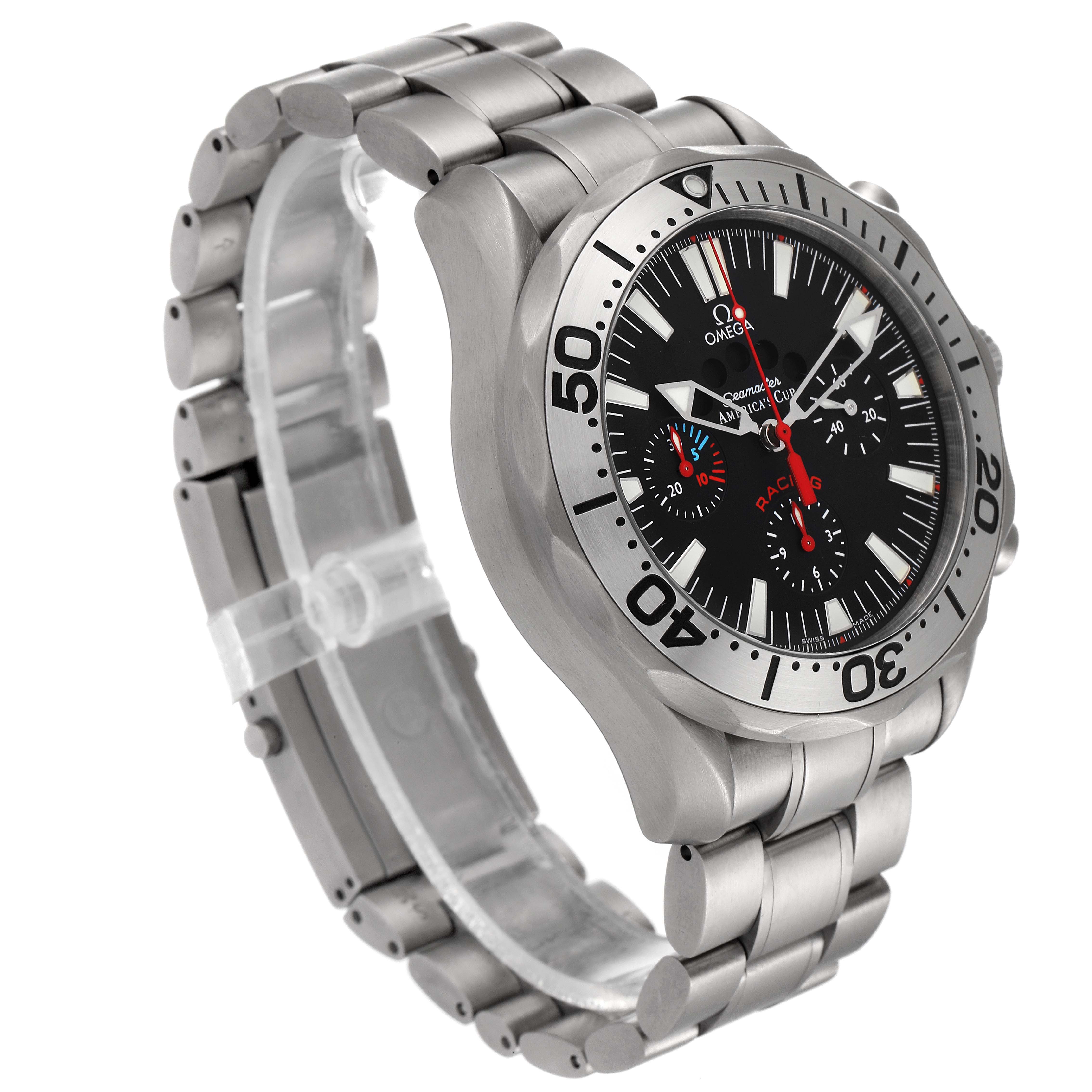 The image shows an angled view of an Omega Seamaster 2269.50.00 Men's Titanium Black Dial 2269.50.00 Men's Titanium Black Dial watch, highlighting the bracelet, bezel, and dial.