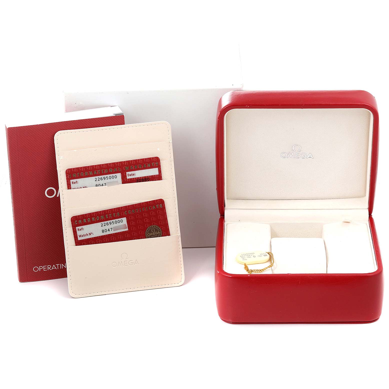 The Omega Seamaster 2269.50.00 Men's Titanium Black Dial 2269.50.00 Men's Titanium Black Dial watch accessories include a red case, warranty cards, and a booklet, shown from a front angle.