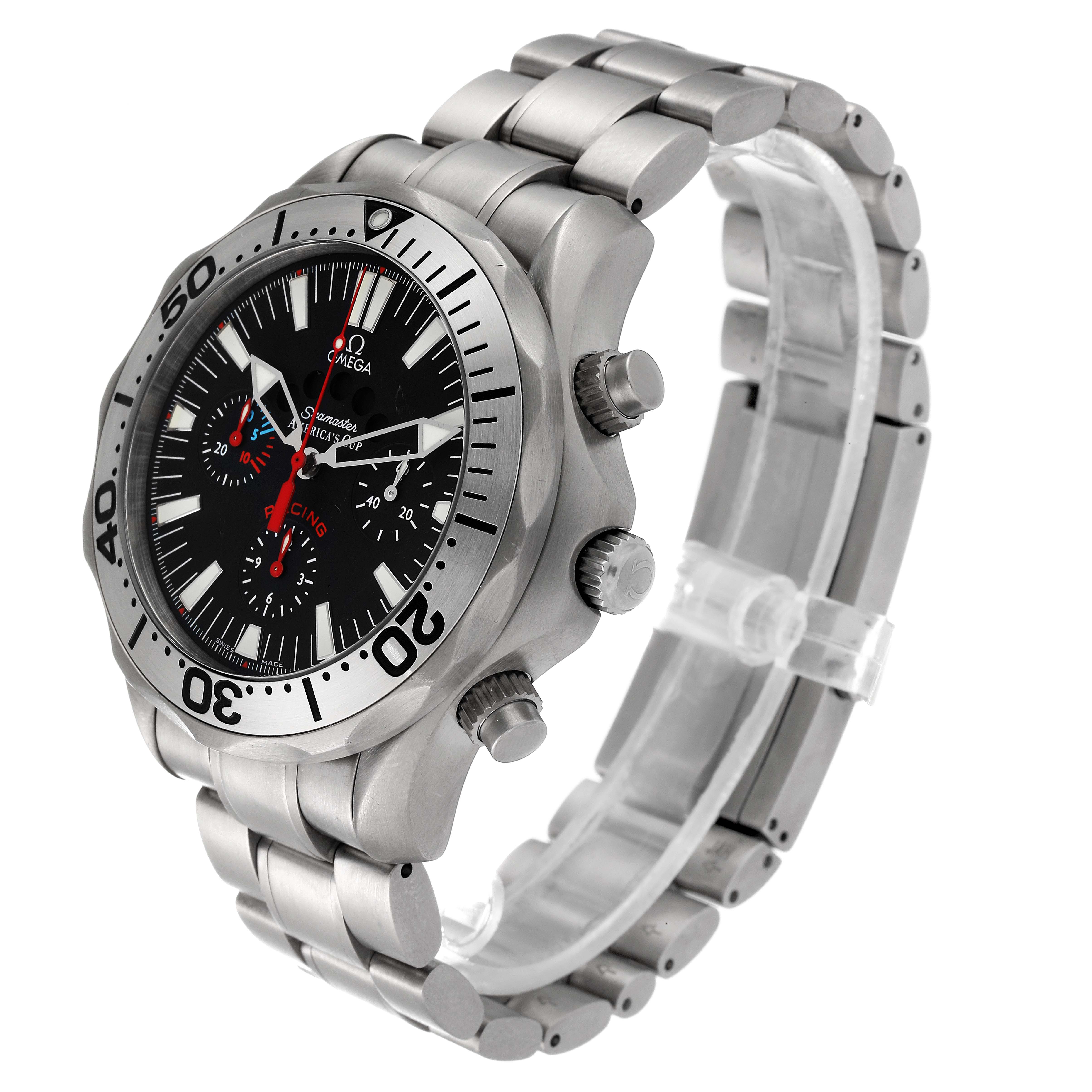 The image shows an angled view of the Omega Seamaster 2269.50.00 Men's Titanium Black Dial 2269.50.00 Men's Titanium Black Dial watch, highlighting the bezel, dial, bracelet, and side crown buttons.