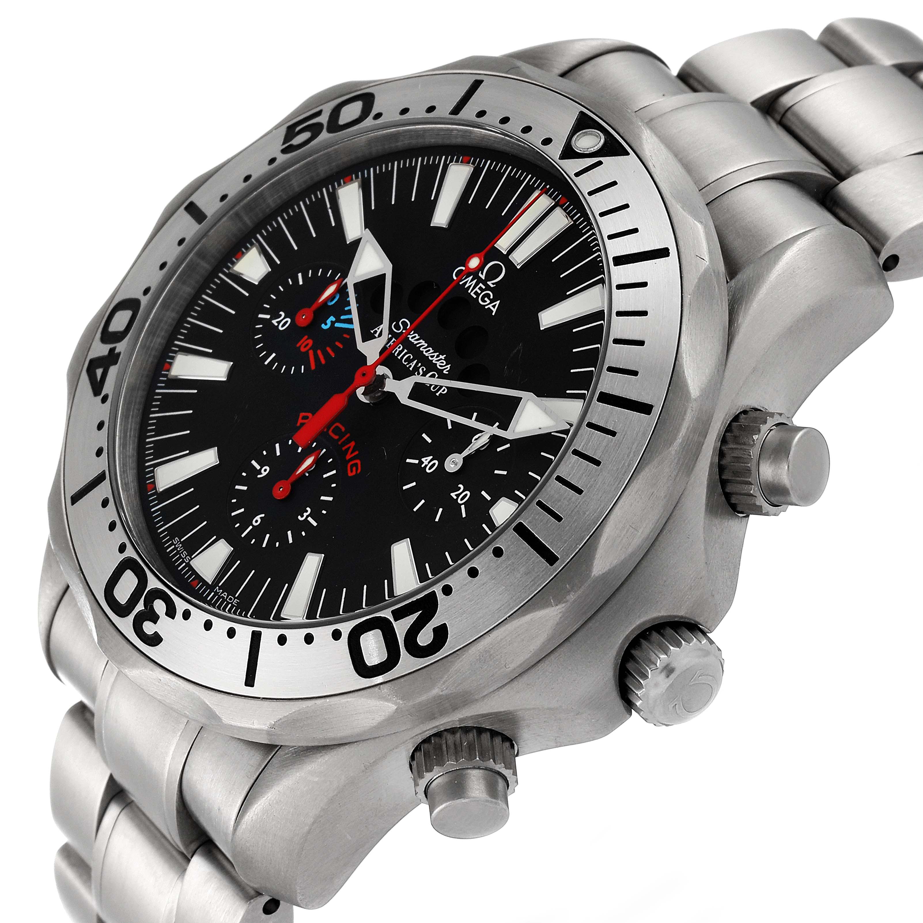 The image shows a close-up of an Omega Seamaster 2269.50.00 Men's Titanium Black Dial 2269.50.00 Men's Titanium Black Dial watch, highlighting the face, bezel, crown, buttons, and a segment of the bracelet.