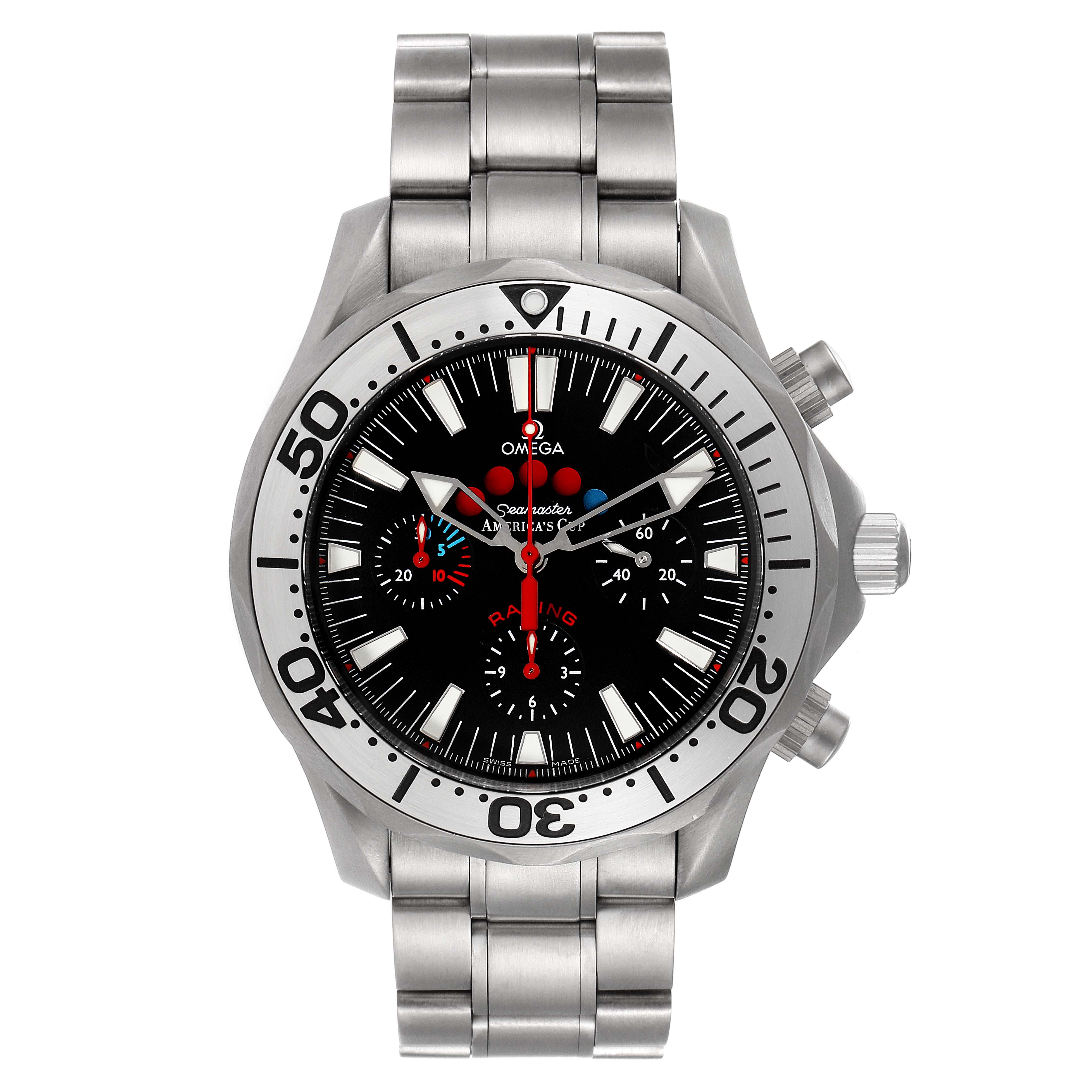 The image shows a front view of the Omega Seamaster 2269.50.00 Men's Titanium Black Dial 2269.50.00 Men's Titanium Black Dial watch, displaying the dial, bezel, and stainless steel bracelet.