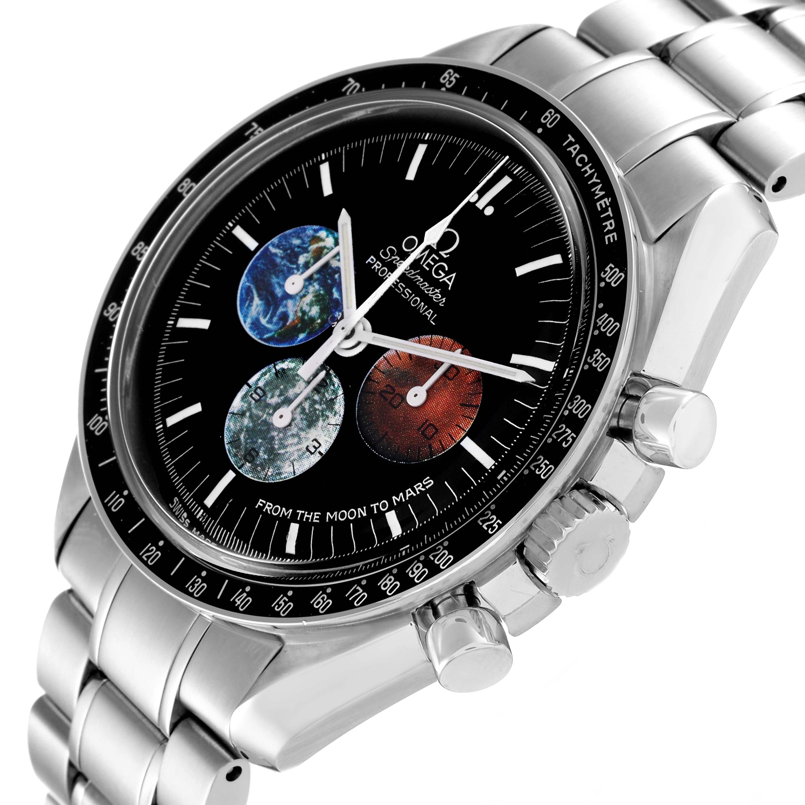 This image shows an angled view of an Omega Speedmaster 3577.50.00 Men's Stainless Steel Black Dial 3577.50.00 Men's Stainless Steel Black Dial watch, highlighting its dial, bezel, crown, and stainless steel bracelet.