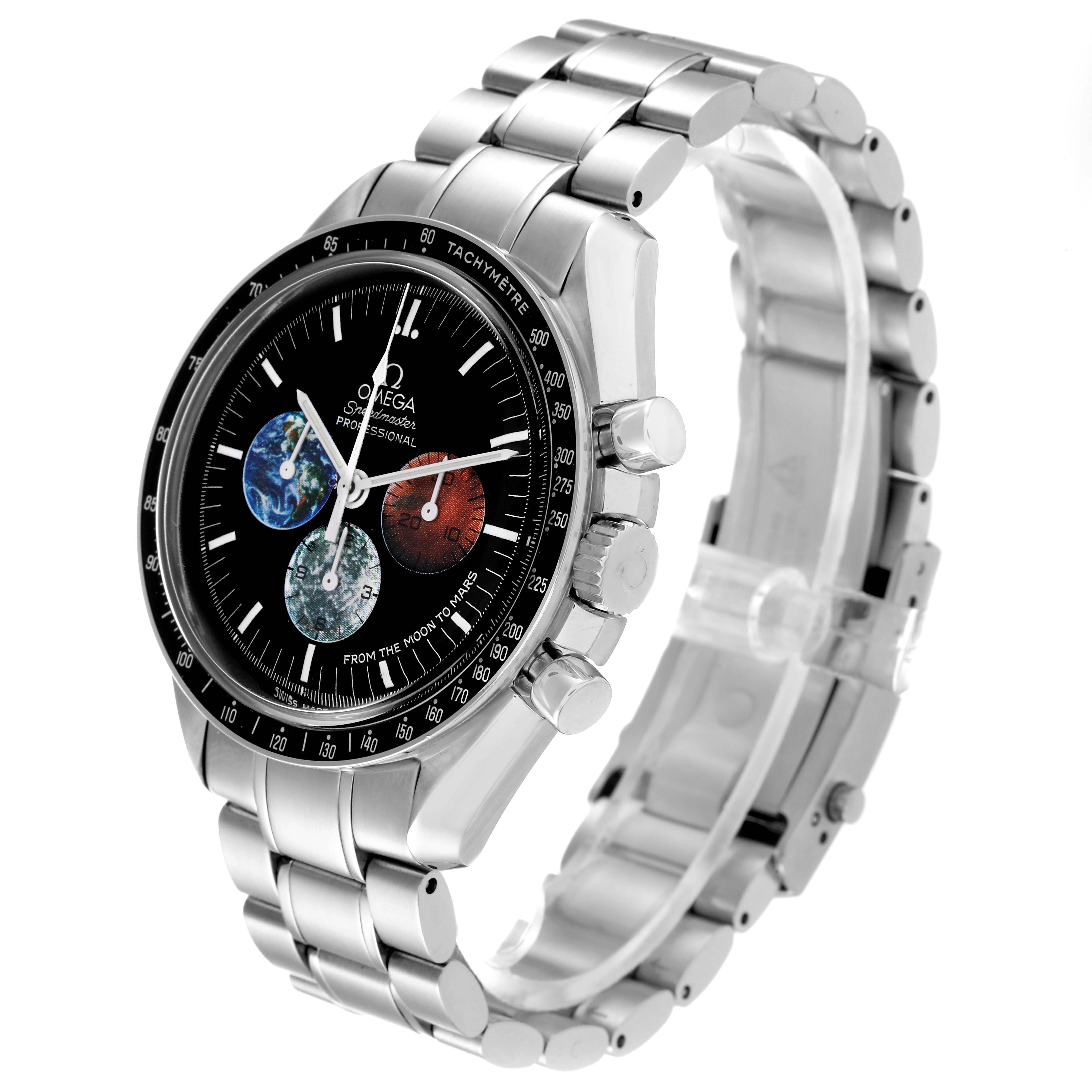 The image shows a side-angle view of an Omega Speedmaster 3577.50.00 Men's Stainless Steel Black Dial 3577.50.00 Men's Stainless Steel Black Dial watch, highlighting its dial, tachymeter bezel, and metal bracelet.