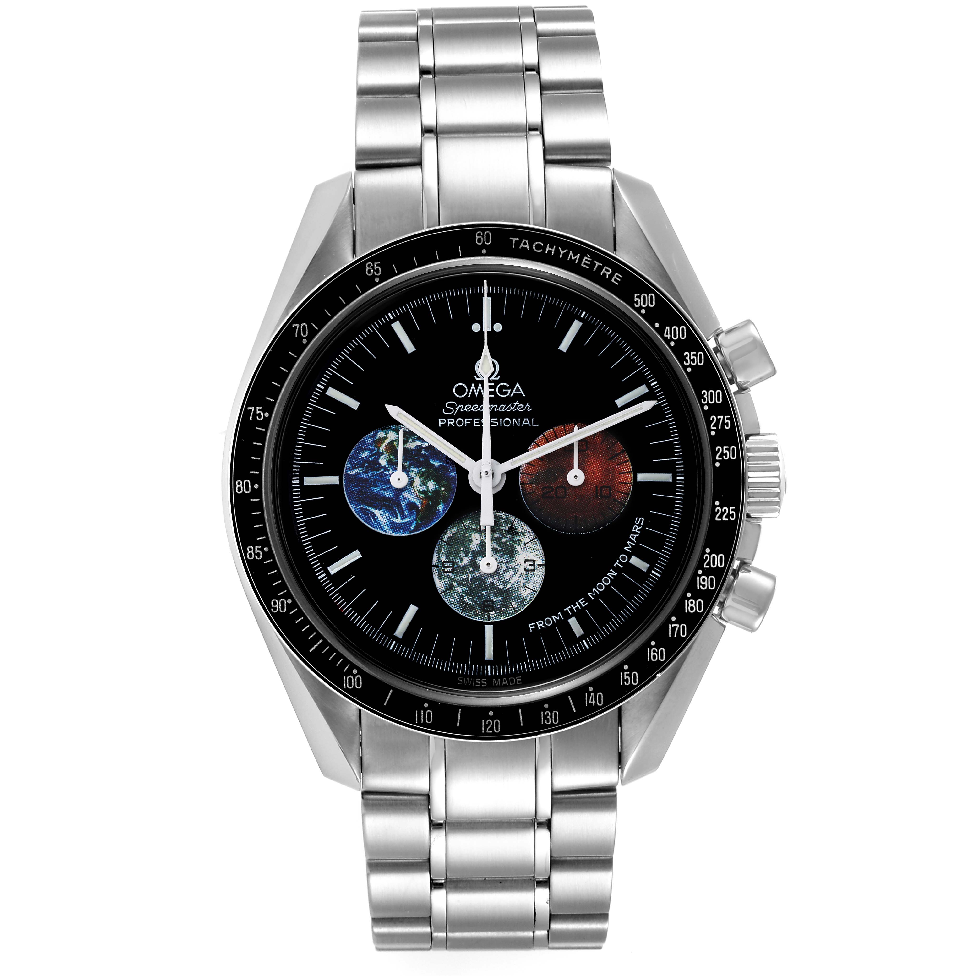 The image shows a frontal view of the Omega Speedmaster 3577.50.00 Men's Stainless Steel Black Dial 3577.50.00 Men's Stainless Steel Black Dial Professional watch, highlighting the face, bezel, and metal bracelet.