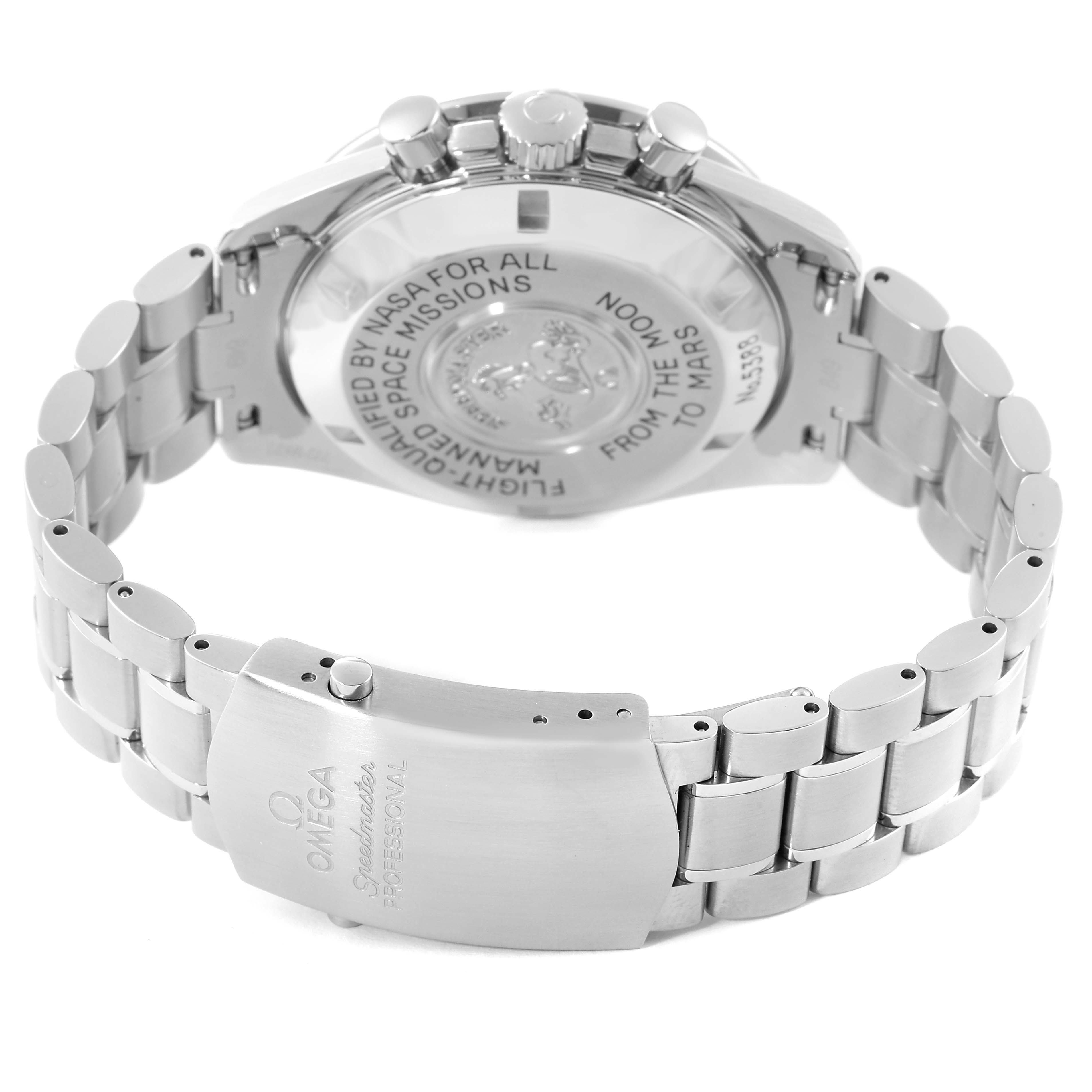 This image shows the back and bracelet of the Omega Speedmaster 3577.50.00 Men's Stainless Steel Black Dial 3577.50.00 Men's Stainless Steel Black Dial watch from an angled rear view.
