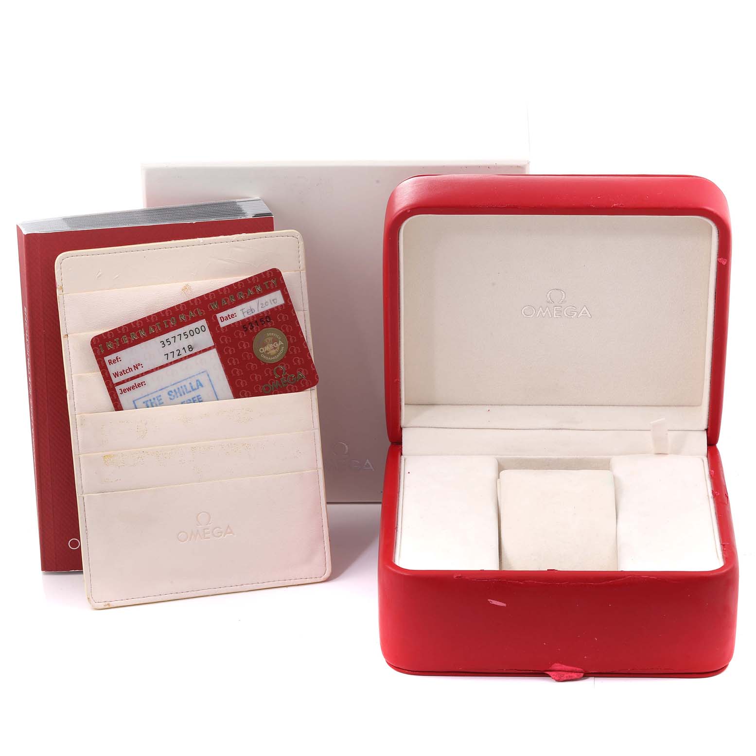 The image shows an Omega Speedmaster 3577.50.00 Men's Stainless Steel Black Dial 3577.50.00 Men's Stainless Steel Black Dial watch box, warranty cardholder, and associated documentation from a frontal angle.