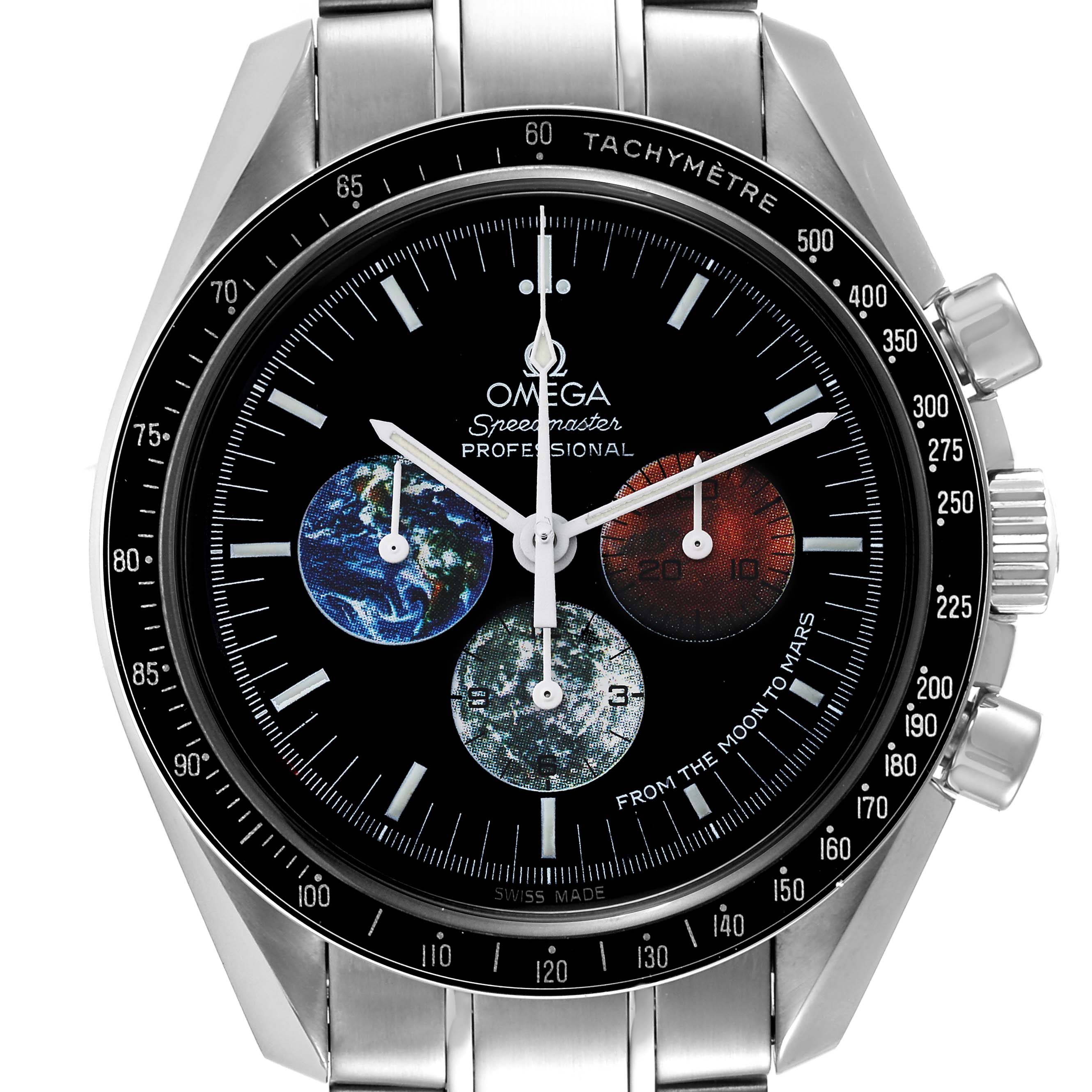 The Omega Speedmaster 3577.50.00 Men's Stainless Steel Black Dial 3577.50.00 Men's Stainless Steel Black Dial watch is shown from the front, displaying its dial, hands, subdials, tachymeter bezel, and stainless steel bracelet.