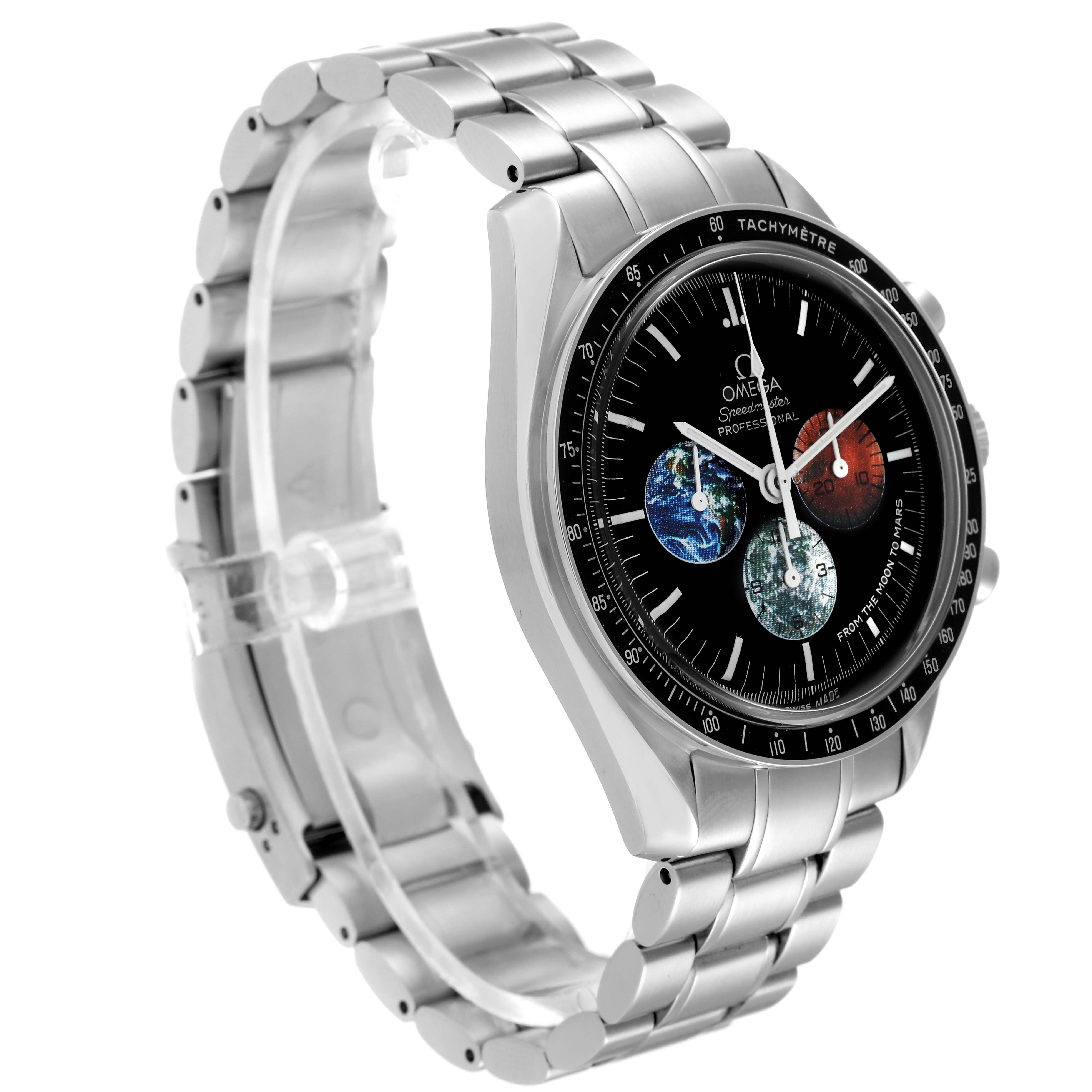 The Omega Speedmaster 3577.50.00 Men's Stainless Steel Black Dial 3577.50.00 Men's Stainless Steel Black Dial watch is shown at a side angle, displaying its bracelet, case, and dial with a black tachymeter bezel.