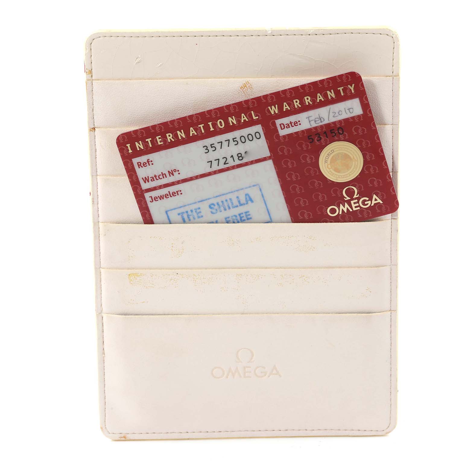 An Omega Speedmaster 3577.50.00 Men's Stainless Steel Black Dial 3577.50.00 Men's Stainless Steel Black Dial model's international warranty card and a white cardholder are shown from a frontal angle.