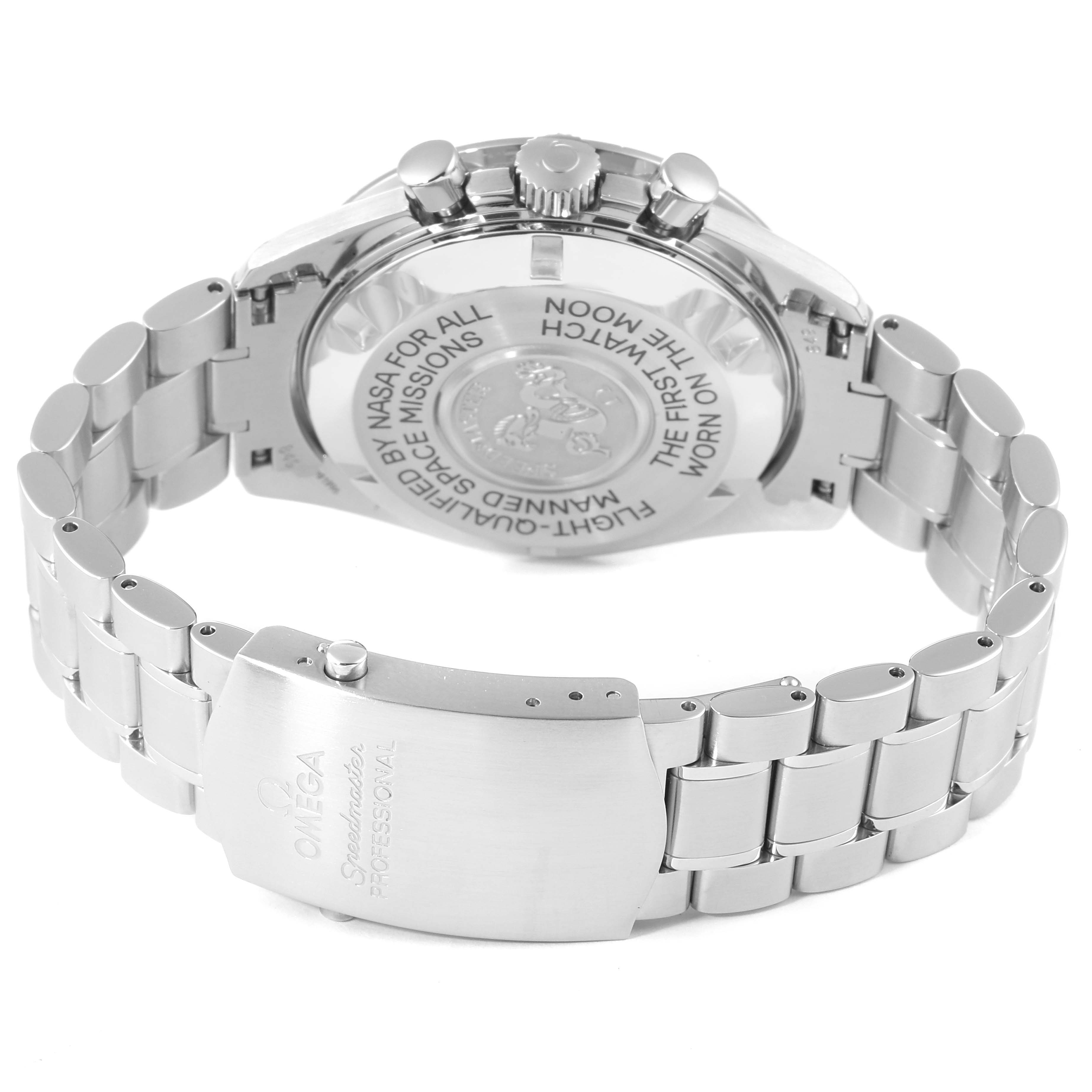 This Omega Speedmaster 3575.20.00 Men
s Stainless Steel White Dial 3575.20.00 Men
s Stainless Steel White Dial watch is shown from a rear angle, displaying its bracelet, clasp, and case back with inscriptions.