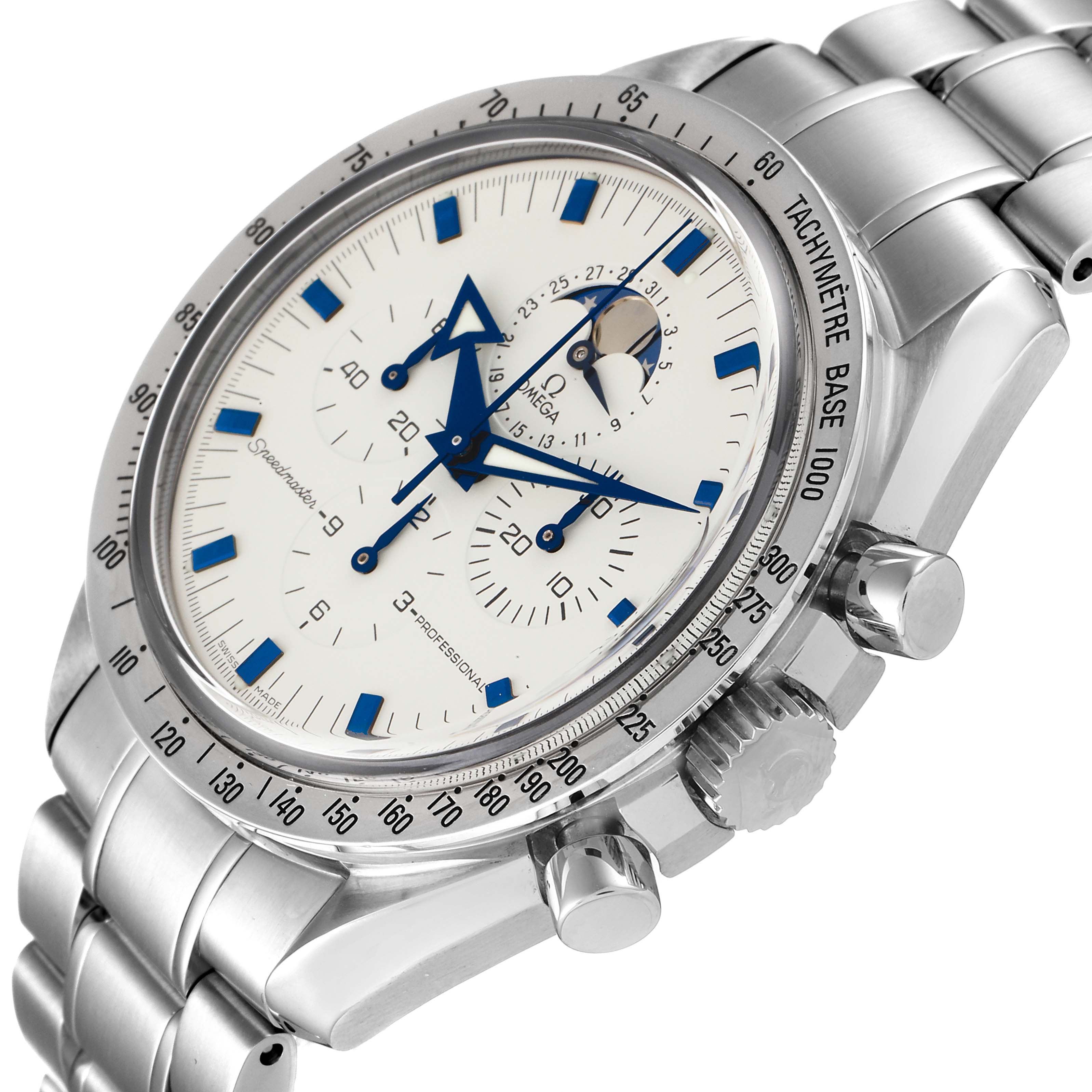 The Omega Speedmaster 3575.20.00 Men
s Stainless Steel White Dial 3575.20.00 Men
s Stainless Steel White Dial watch is shown at a front angle, highlighting its dial, tachymeter bezel, and stainless steel bracelet.