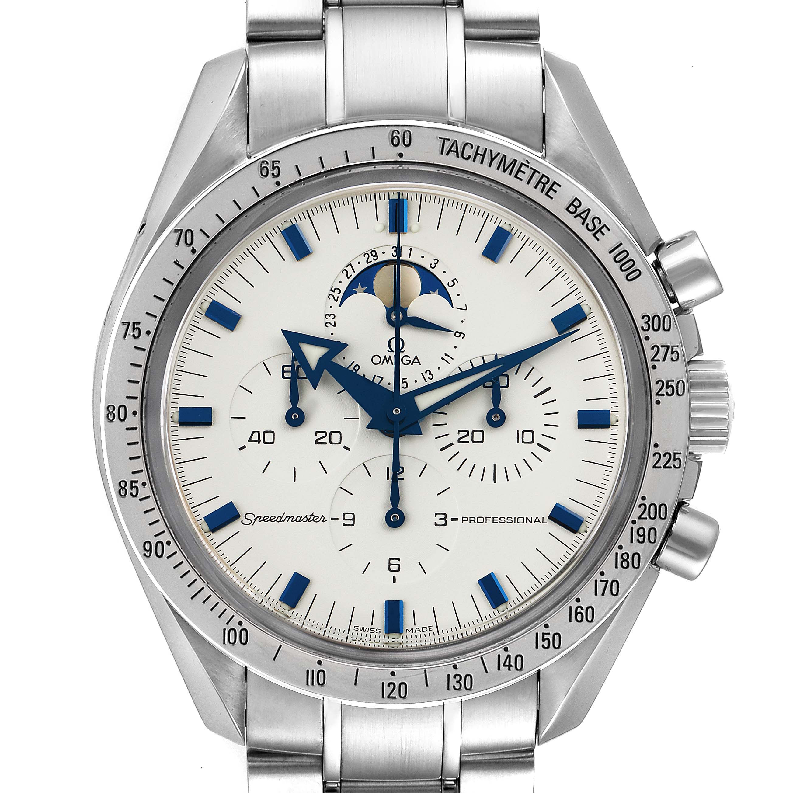 The Omega Speedmaster 3575.20.00 Men
s Stainless Steel White Dial 3575.20.00 Men
s Stainless Steel White Dial watch is shown from a front angle, highlighting its dial, tachymeter, and stainless steel bracelet.