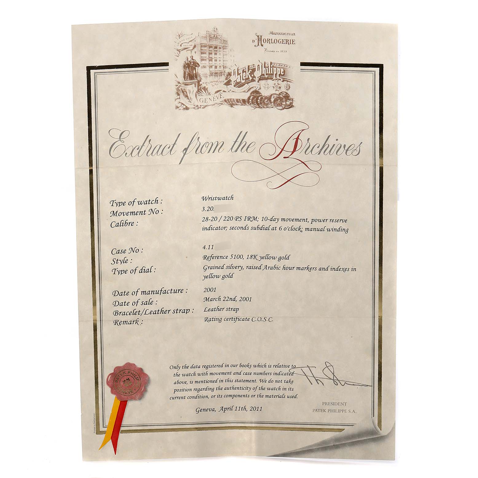 The image shows a detailed specification document for the Patek Philippe Gondolo 5100J Men's Yellow Gold Silver Dial 5100J Men's Yellow Gold Silver Dial watch, not the watch itself.