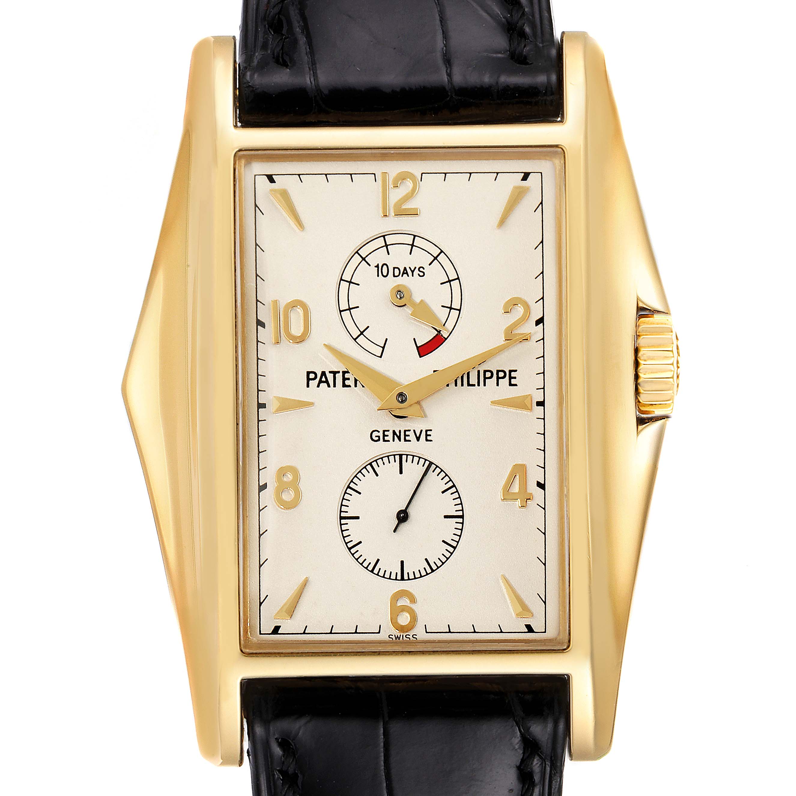 The image shows a frontal view of a Patek Philippe Gondolo 5100J Men's Yellow Gold Silver Dial 5100J Men's Yellow Gold Silver Dial watch, highlighting its gold case, dial, and black leather strap.