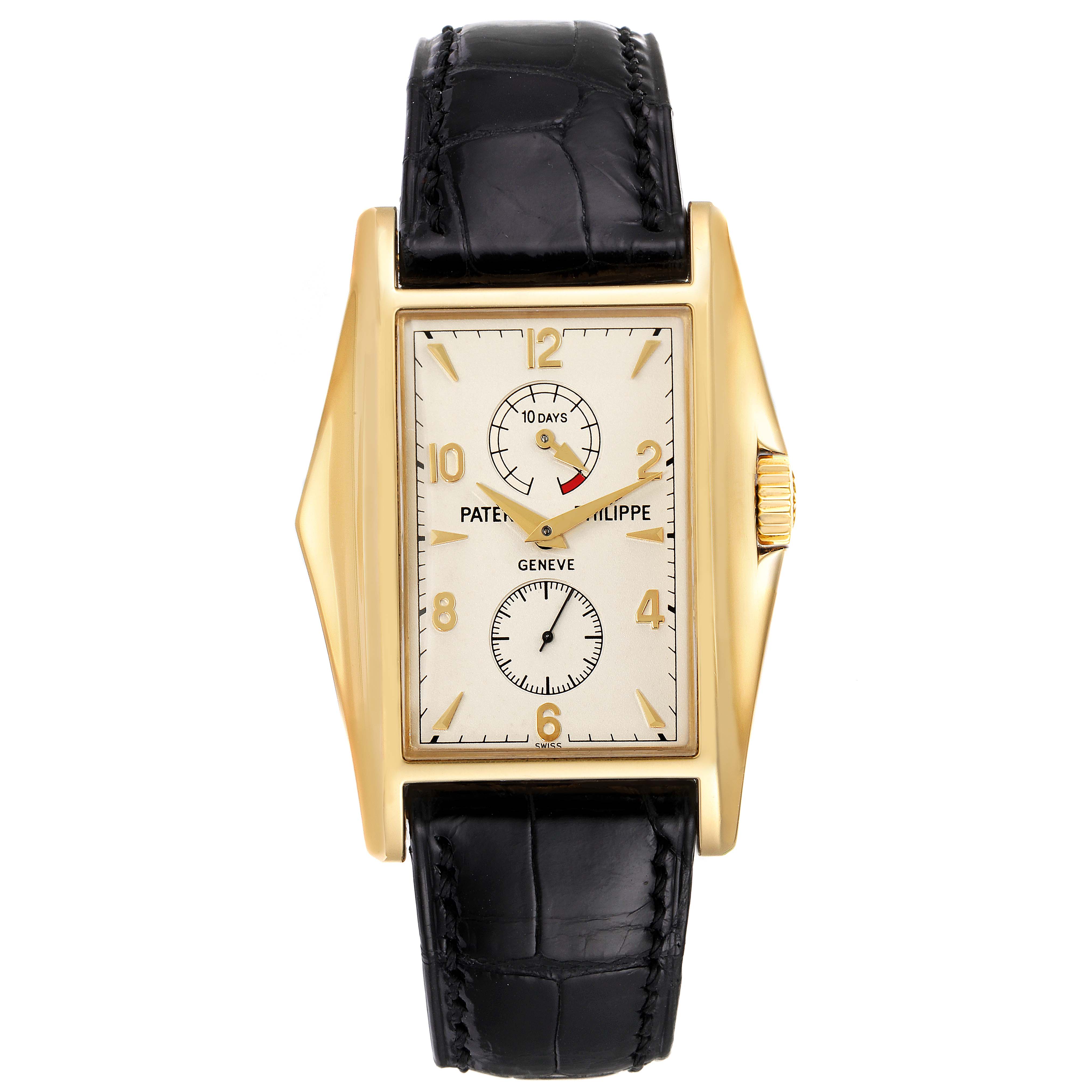 The image shows a Patek Philippe Gondolo 5100J Men's Yellow Gold Silver Dial 5100J Men's Yellow Gold Silver Dial watch from a front angle, featuring its dial, case, and strap.