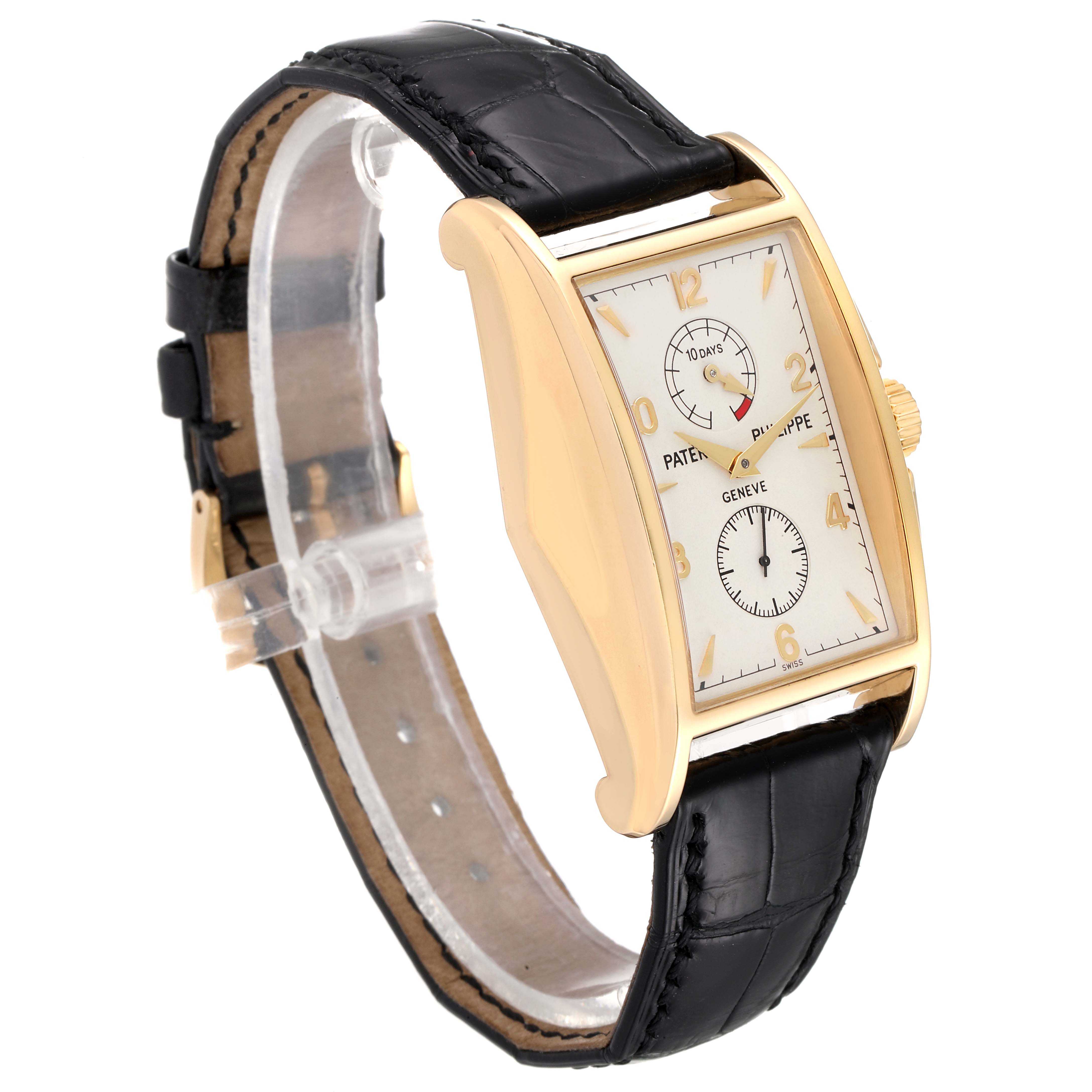 The image shows a Patek Philippe Gondolo 5100J Men's Yellow Gold Silver Dial 5100J Men's Yellow Gold Silver Dial watch at a slight angle, prominently displaying the face, case, and black leather strap.