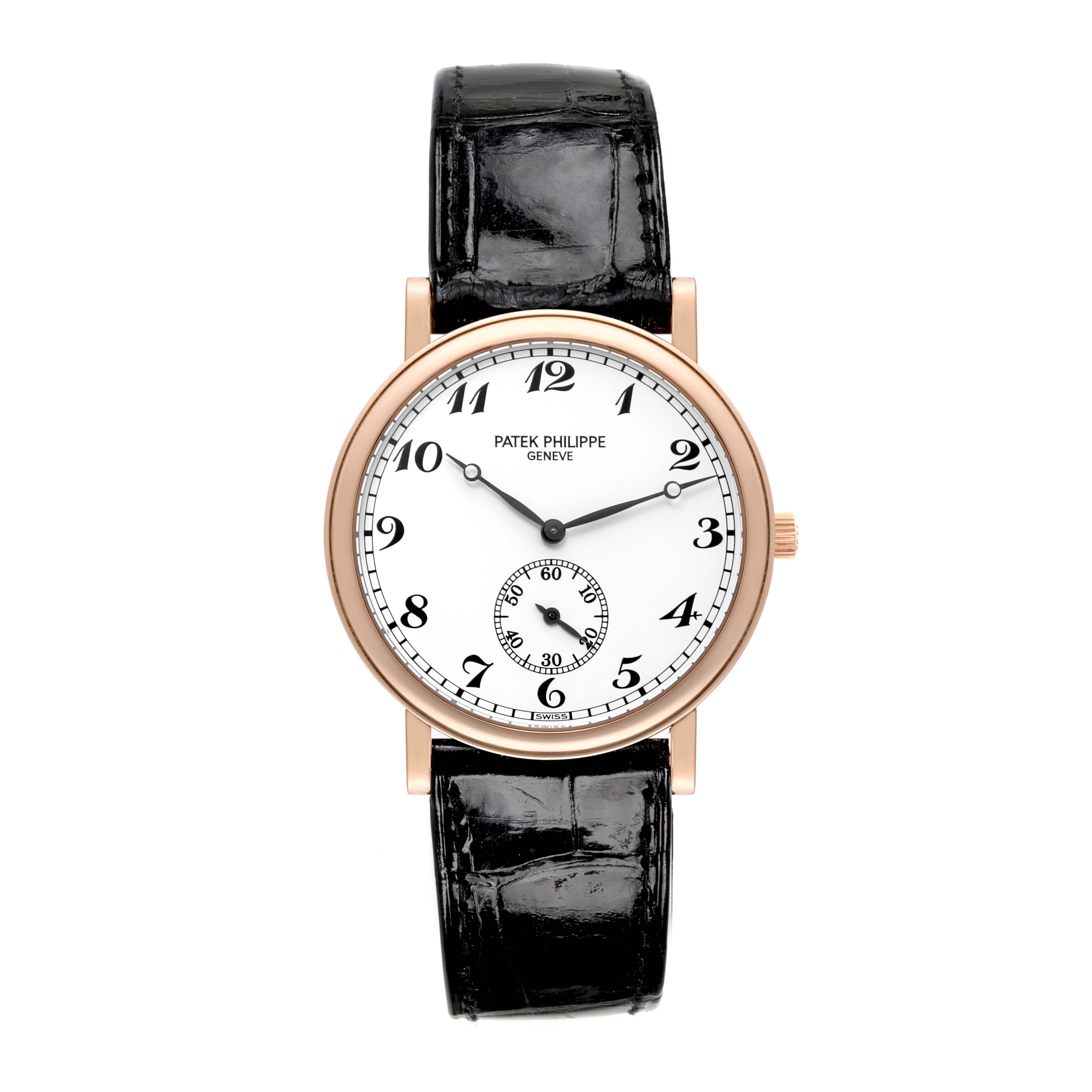 The image shows a frontal view of a Patek Philippe Calatrava 5022R-010 Men's Rose Gold White Dial 5022R-010 Men's Rose Gold White Dial watch, featuring its dial, hands, and black leather strap.