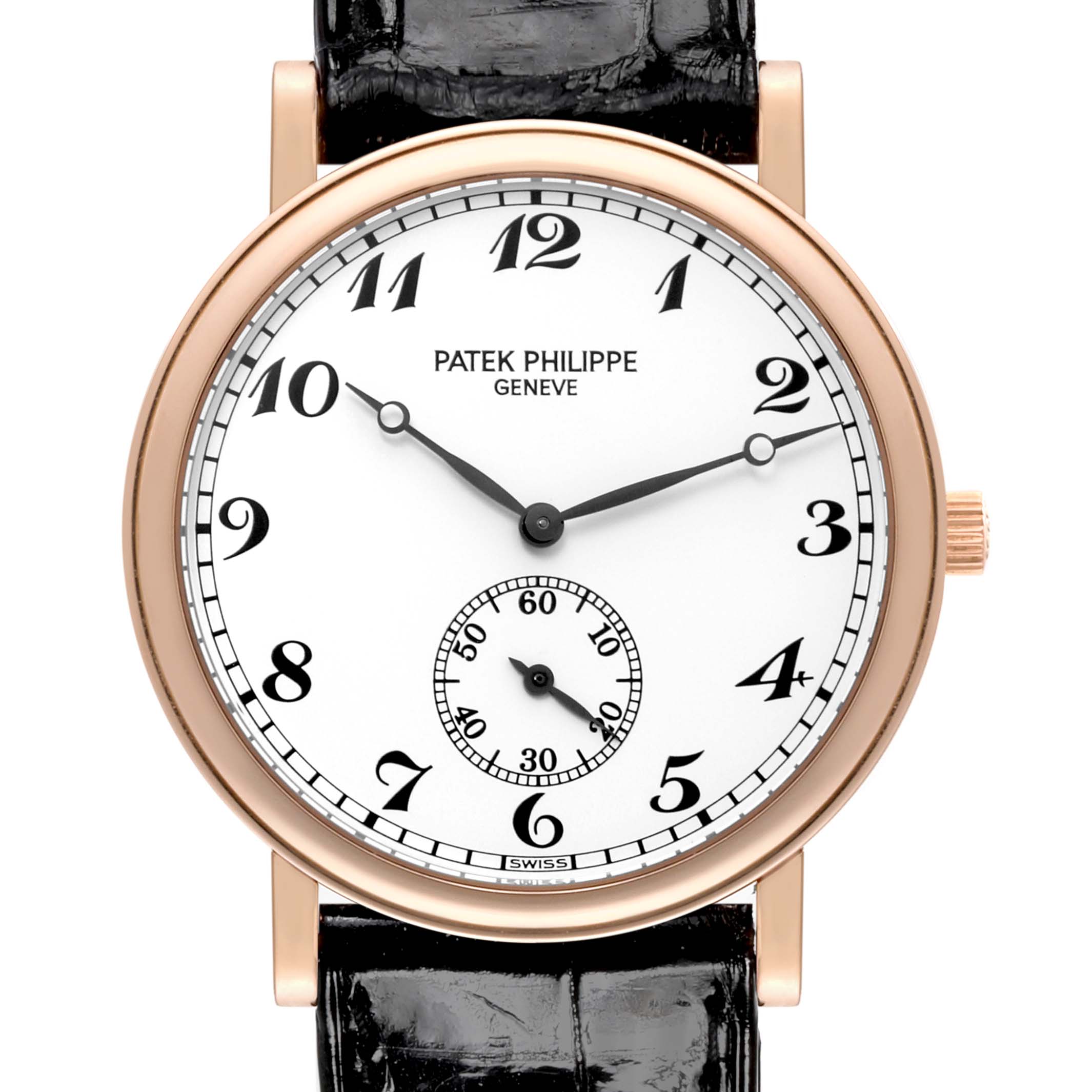 This image shows a front view of a Patek Philippe Calatrava 5022R-010 Men's Rose Gold White Dial 5022R-010 Men's Rose Gold White Dial watch, highlighting its dial, numerals, and watch strap.