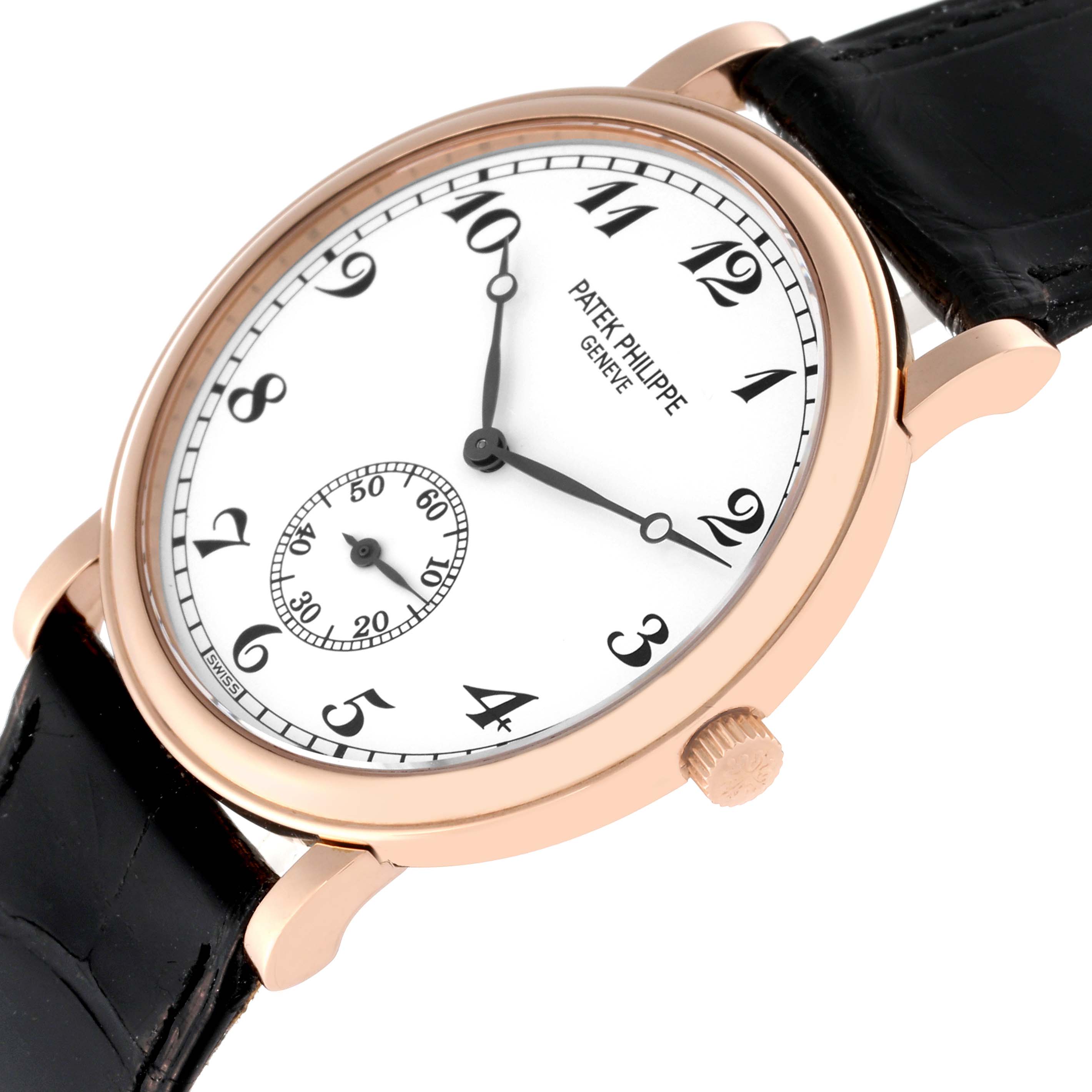 This image shows a Patek Philippe Calatrava 5022R-010 Men's Rose Gold White Dial 5022R-010 Men's Rose Gold White Dial watch at an oblique angle, highlighting the dial, gold case, crown, and black leather strap.