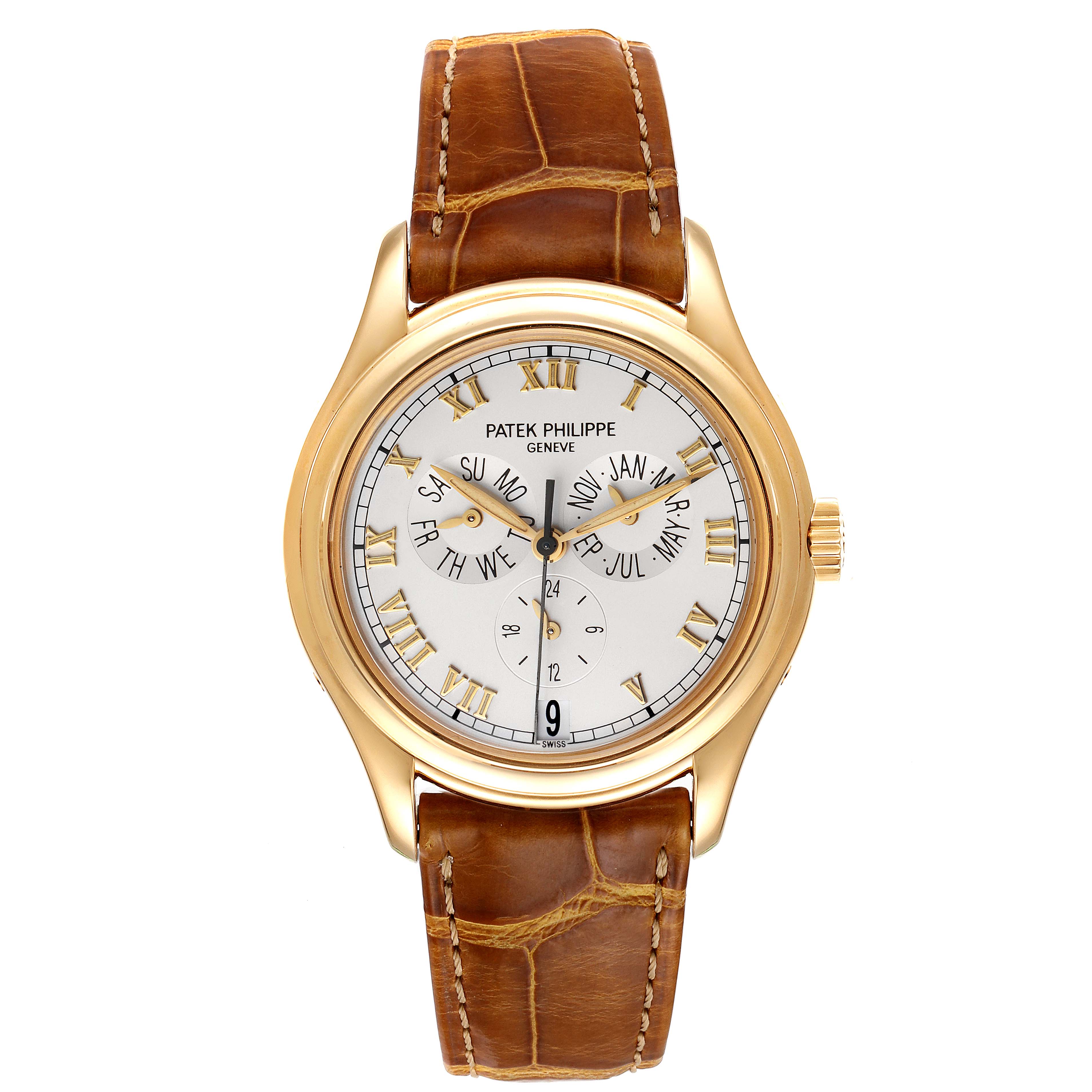 The image shows a frontal view of the Patek Philippe 5035 Men's Yellow Gold Silver Dial 5035 Men's Yellow Gold Silver Dial Complicated Annual Calendar Yellow Gold 5035 Men's Watch with a brown alligator leather strap.