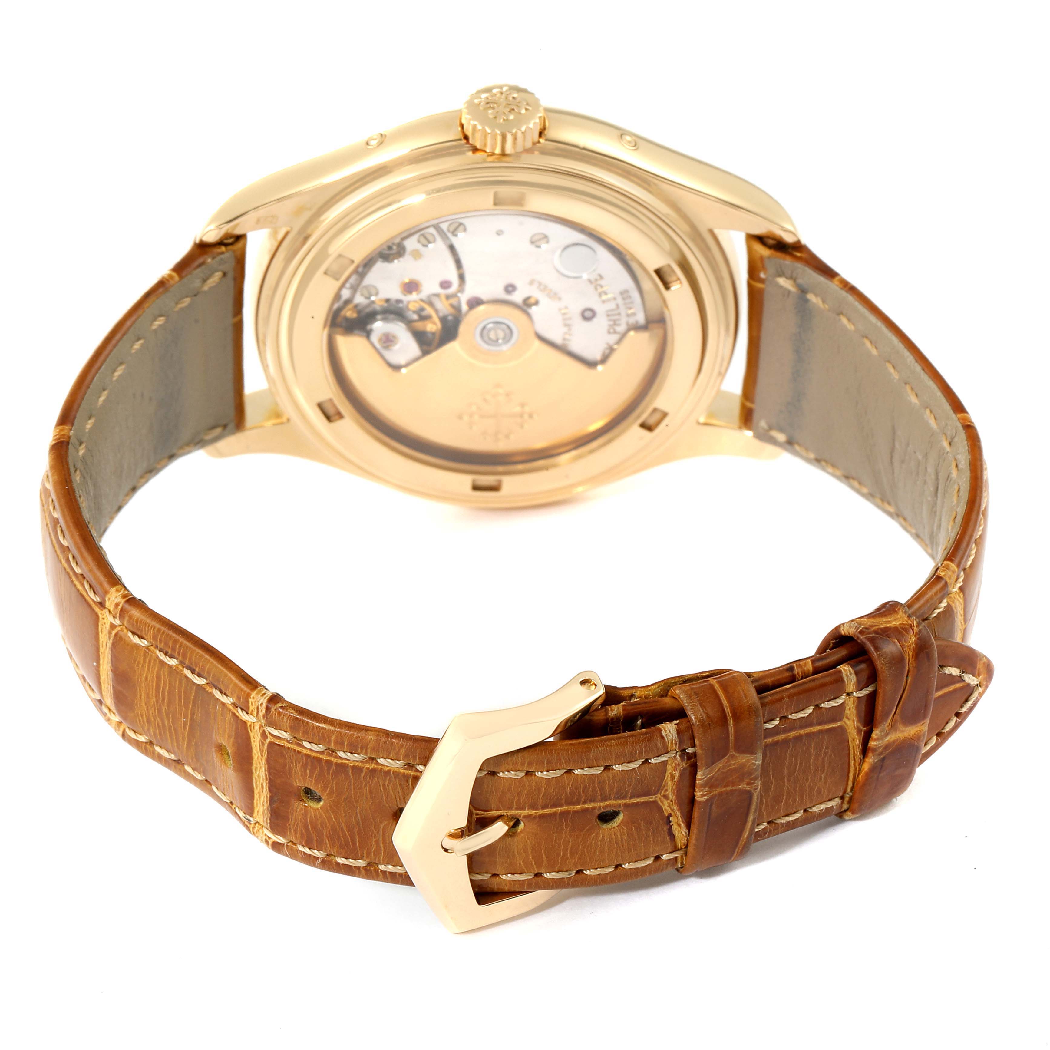 This image shows the back view of the Patek Philippe 5035 Men's Yellow Gold Silver Dial 5035 Men's Yellow Gold Silver Dial Complicated Annual Calendar Yellow Gold Mens Watch 5035 with its leather strap and buckle.