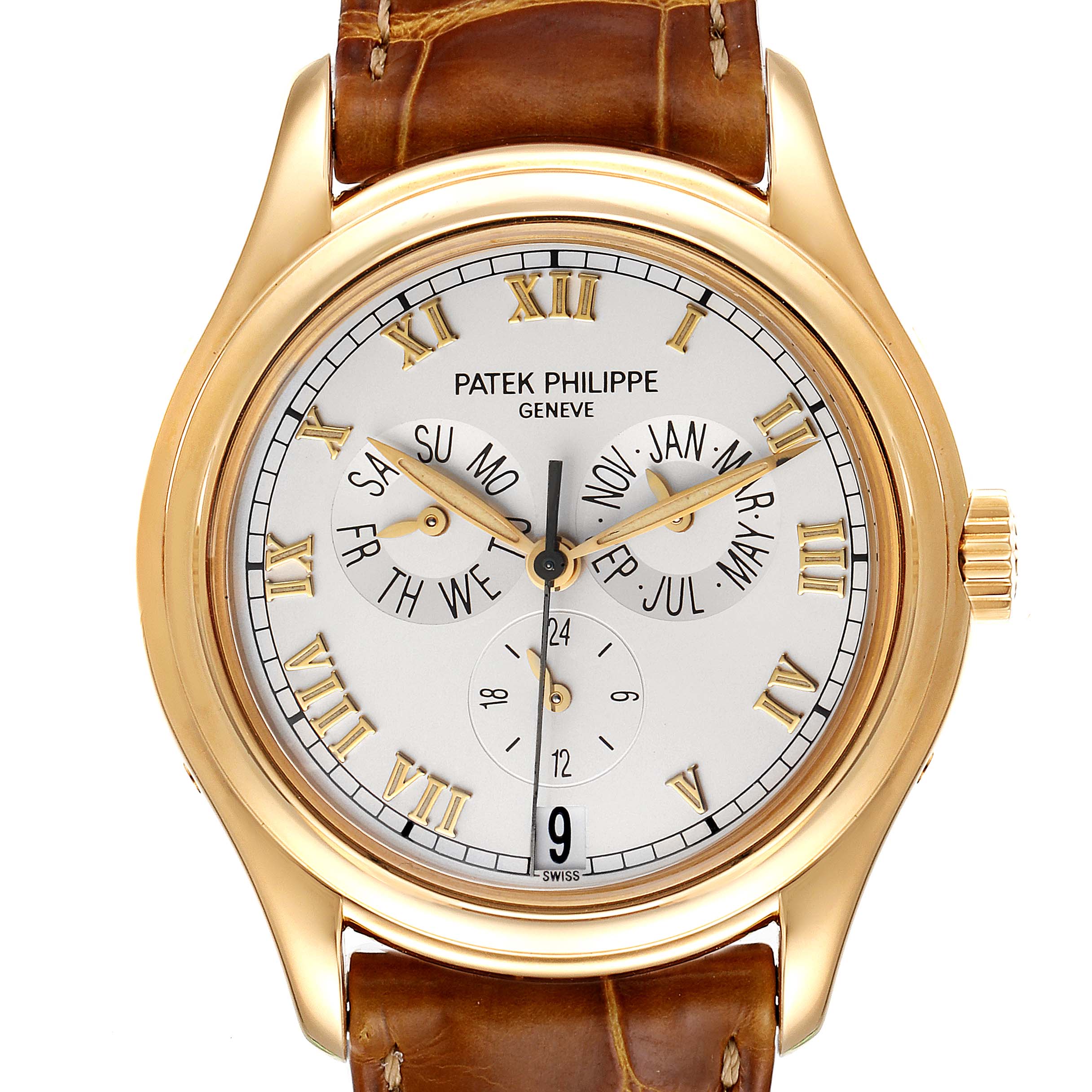This is a front view of the Patek Philippe 5035 Men's Yellow Gold Silver Dial 5035 Men's Yellow Gold Silver Dial 5035 Complicated Annual Calendar Yellow Gold Men's Watch.