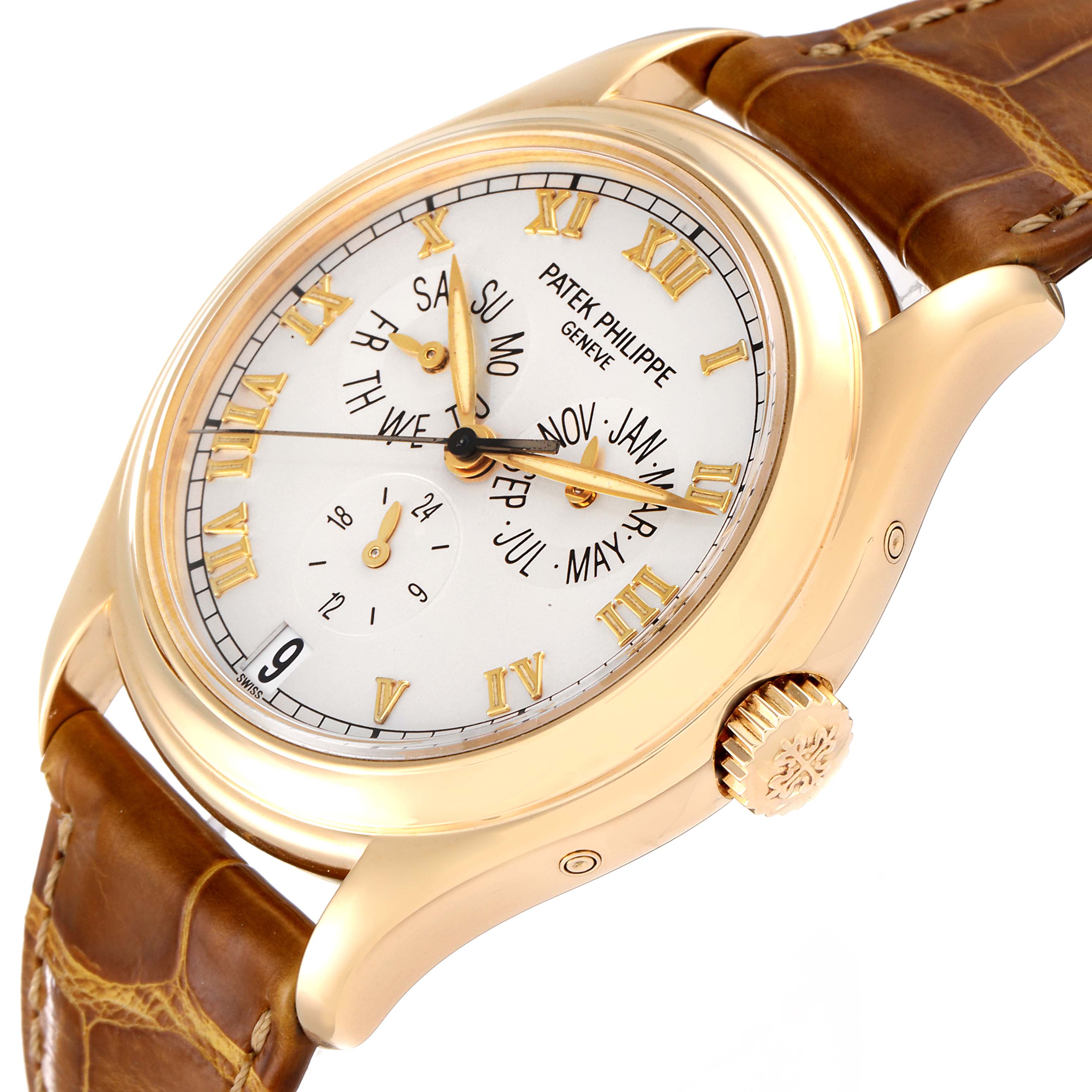 The Patek Philippe 5035 Men's Yellow Gold Silver Dial 5035 Men's Yellow Gold Silver Dial Complicated Annual Calendar Yellow Gold Mens Watch 5035 is shown at a slight angle, highlighting the dial, case, and strap.