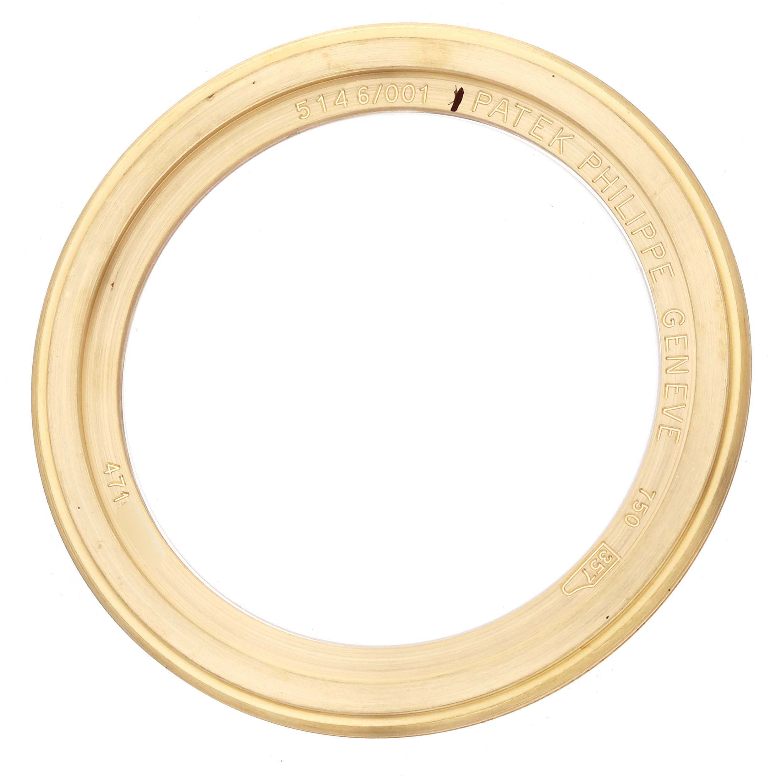 The image shows the gold bezel from a Patek Philippe Complications 5146J Men
s Yellow Gold Beige Dial model, viewed from the side with engraved markings visible.