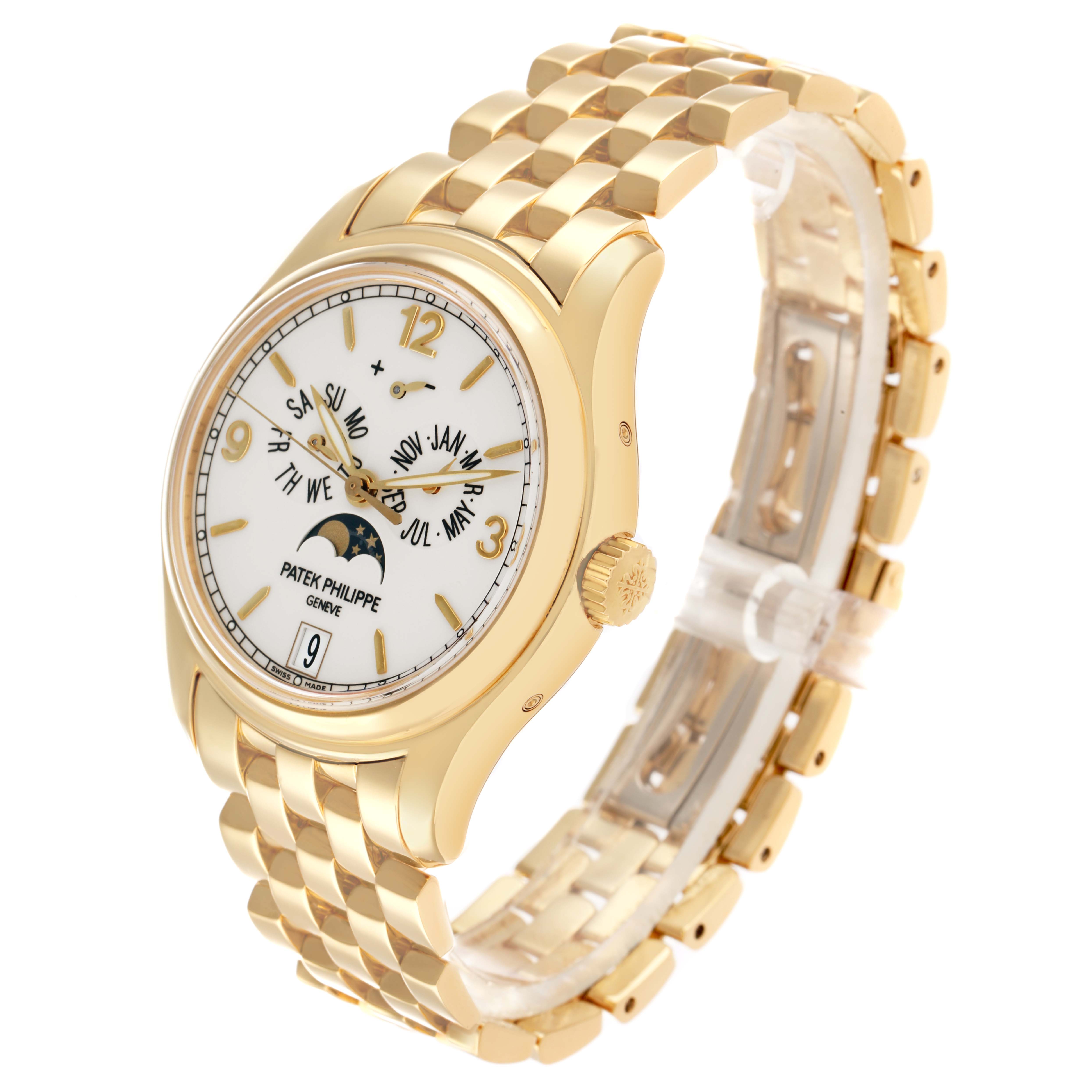 The Patek Philippe Complications 5146J Men
s Yellow Gold Beige Dial watch is shown at an angle displaying its face, bracelet, and side, highlighting the gold detail.