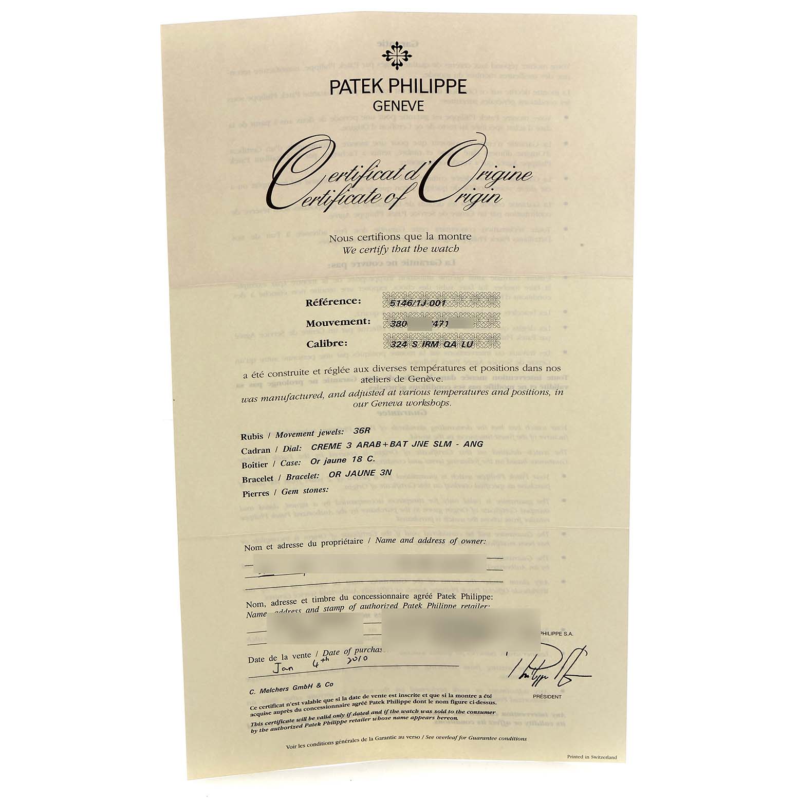 The image shows a Certificate of Origin for a Patek Philippe Complications 5146J Men
s Yellow Gold Beige Dial model, with details about the watch.