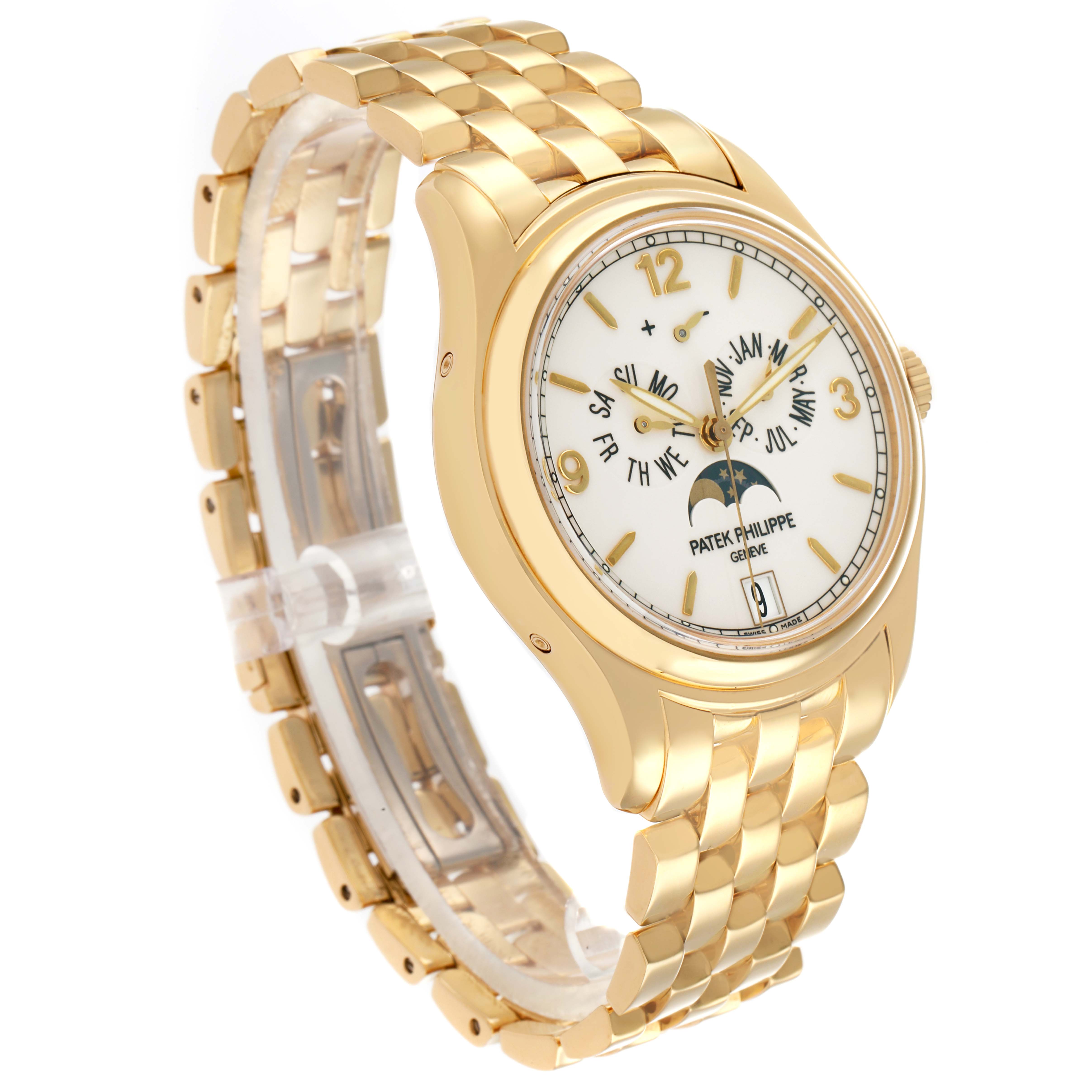 The Patek Philippe Complications 5146J Men
s Yellow Gold Beige Dial watch is shown at a three-quarter angle, displaying the face, bezel, and bracelet.