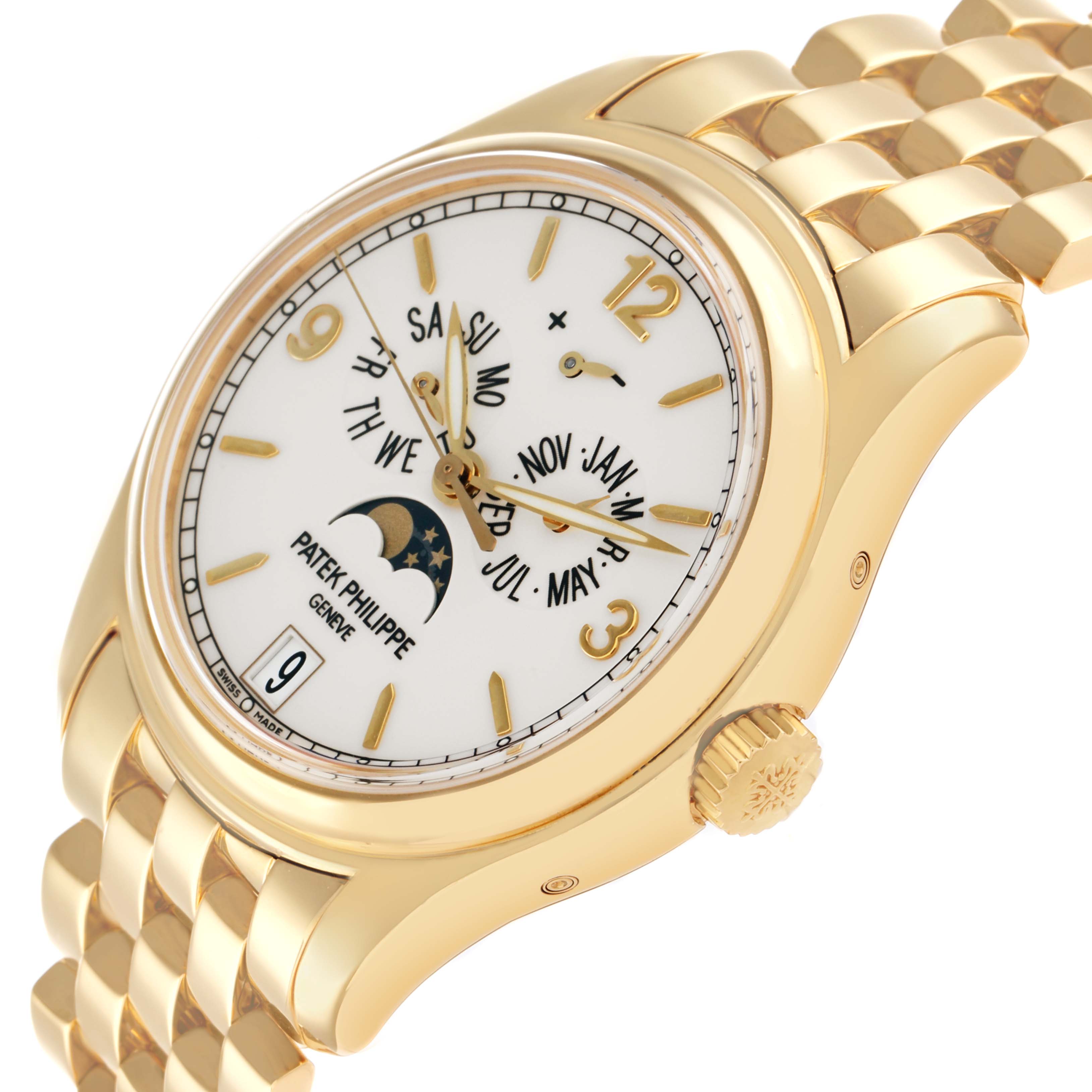 The Patek Philippe Complications 5146J Men
s Yellow Gold Beige Dial model is shown at a slight angle, displaying the watch face, crown, and part of the bracelet.