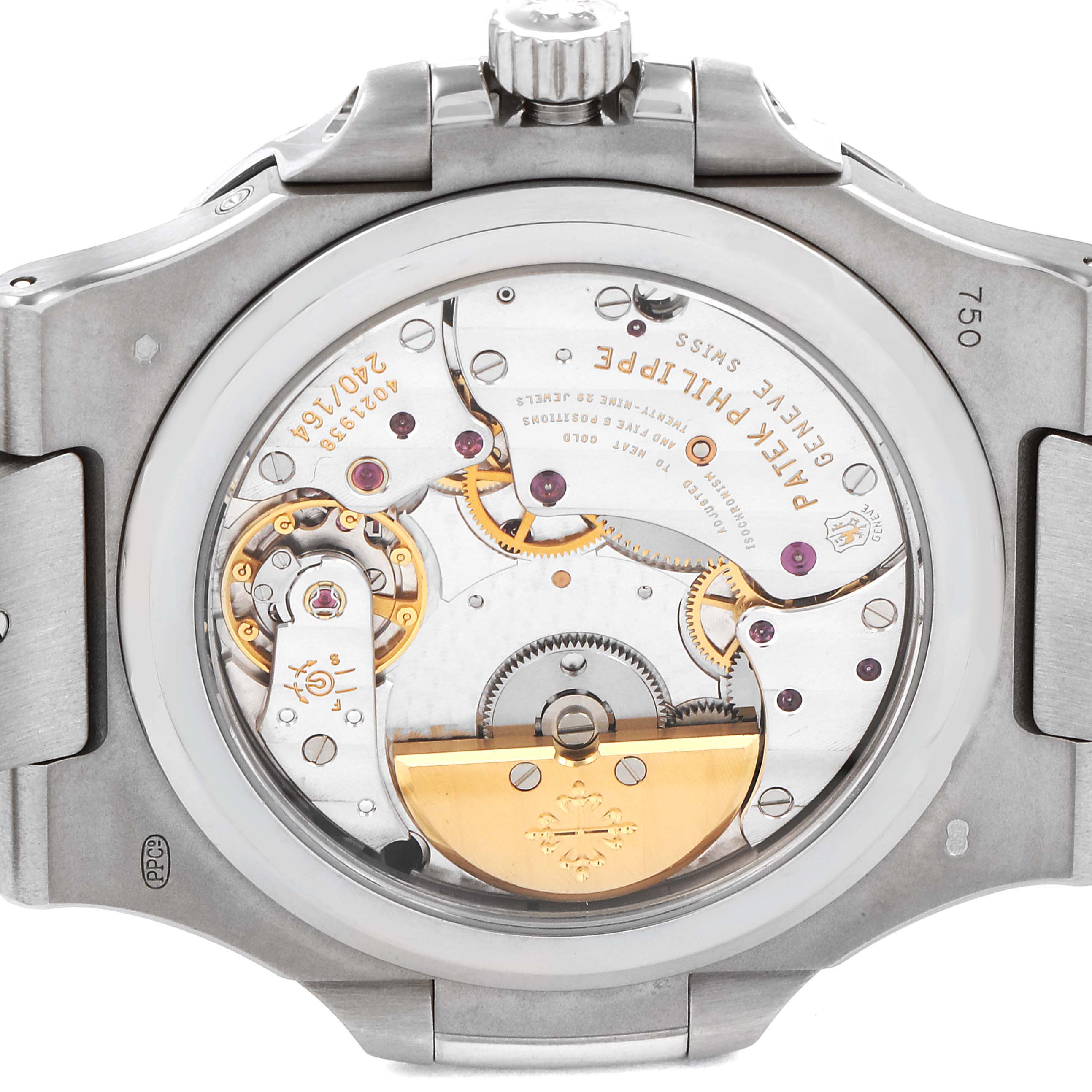 This is the back view of the Patek Philippe Nautilus 5712G/001 Men's White Gold Grey Dial 5712G/001 Men's White Gold Grey Dial watch, showcasing its intricate internal movement and rotor.