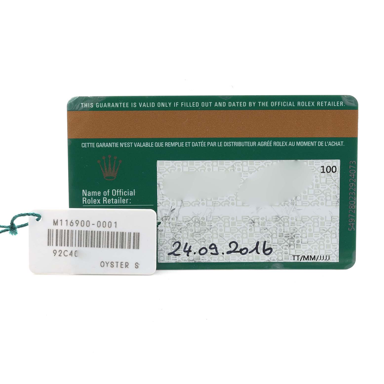 The image shows a warranty card and tag for the Rolex Air-King 116900 Men
s Stainless Steel Black Dial.