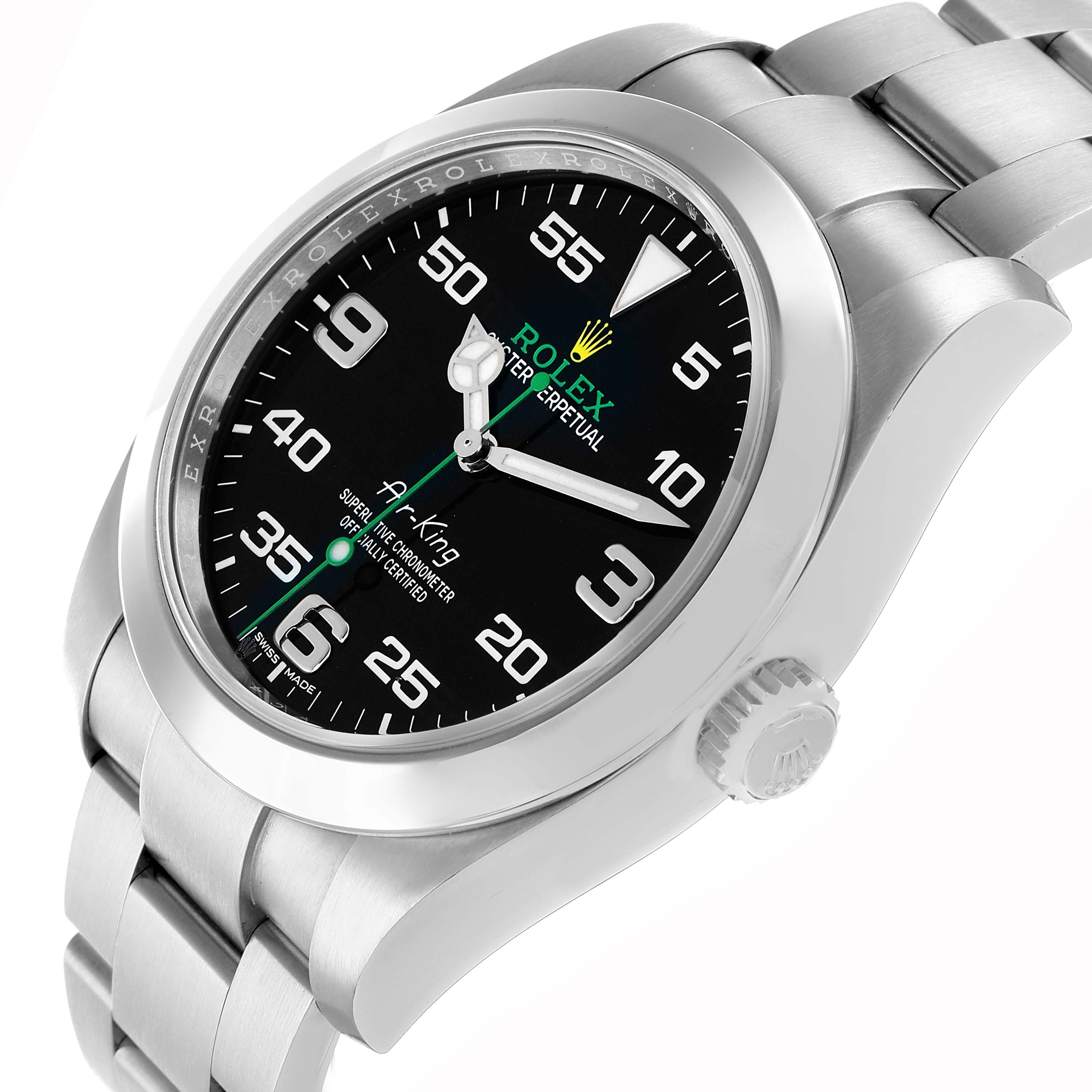 The Rolex Air-King 116900 Men
s Stainless Steel Black Dial watch is shown from an angled side view, displaying the dial, bezel, crown, and part of the bracelet.