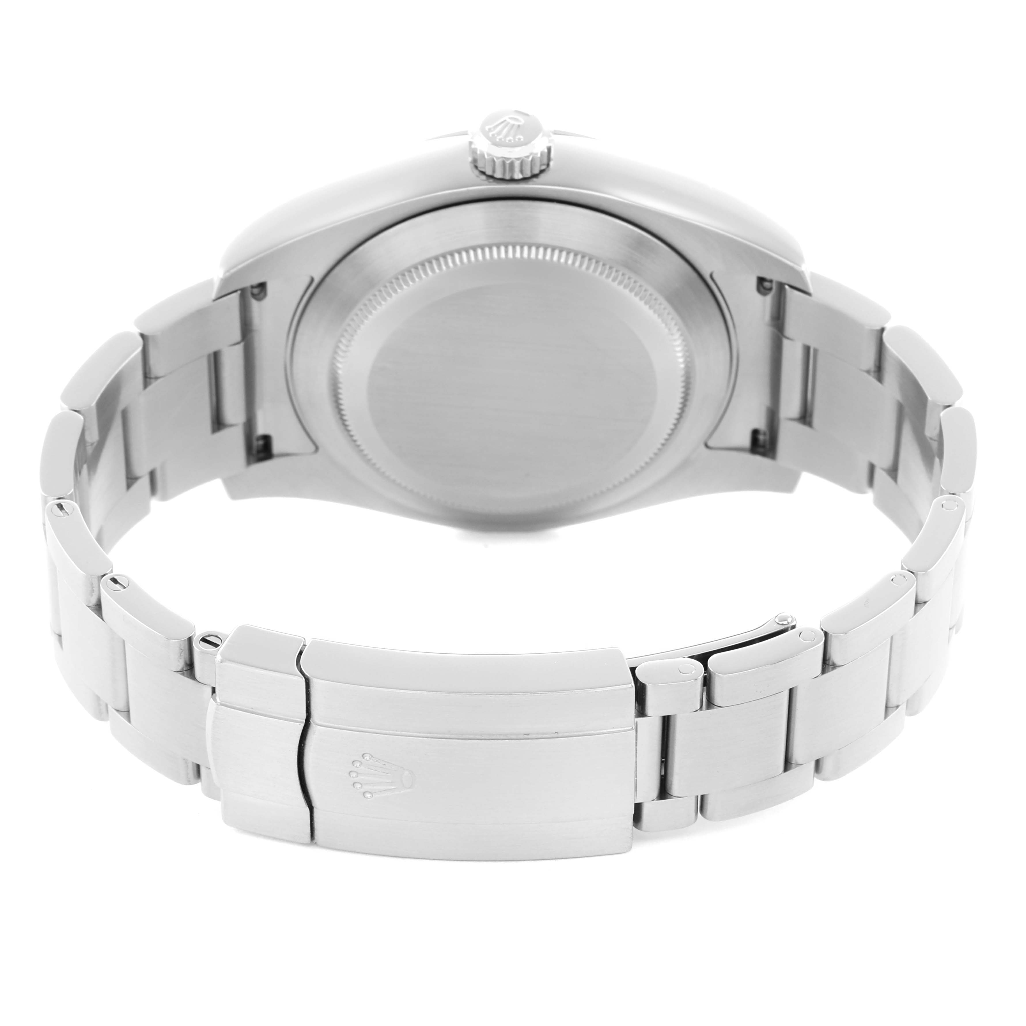 The image shows the backside and bracelet of the Rolex Air-King 116900 Men
s Stainless Steel Black Dial, including the case back, crown, and clasp.