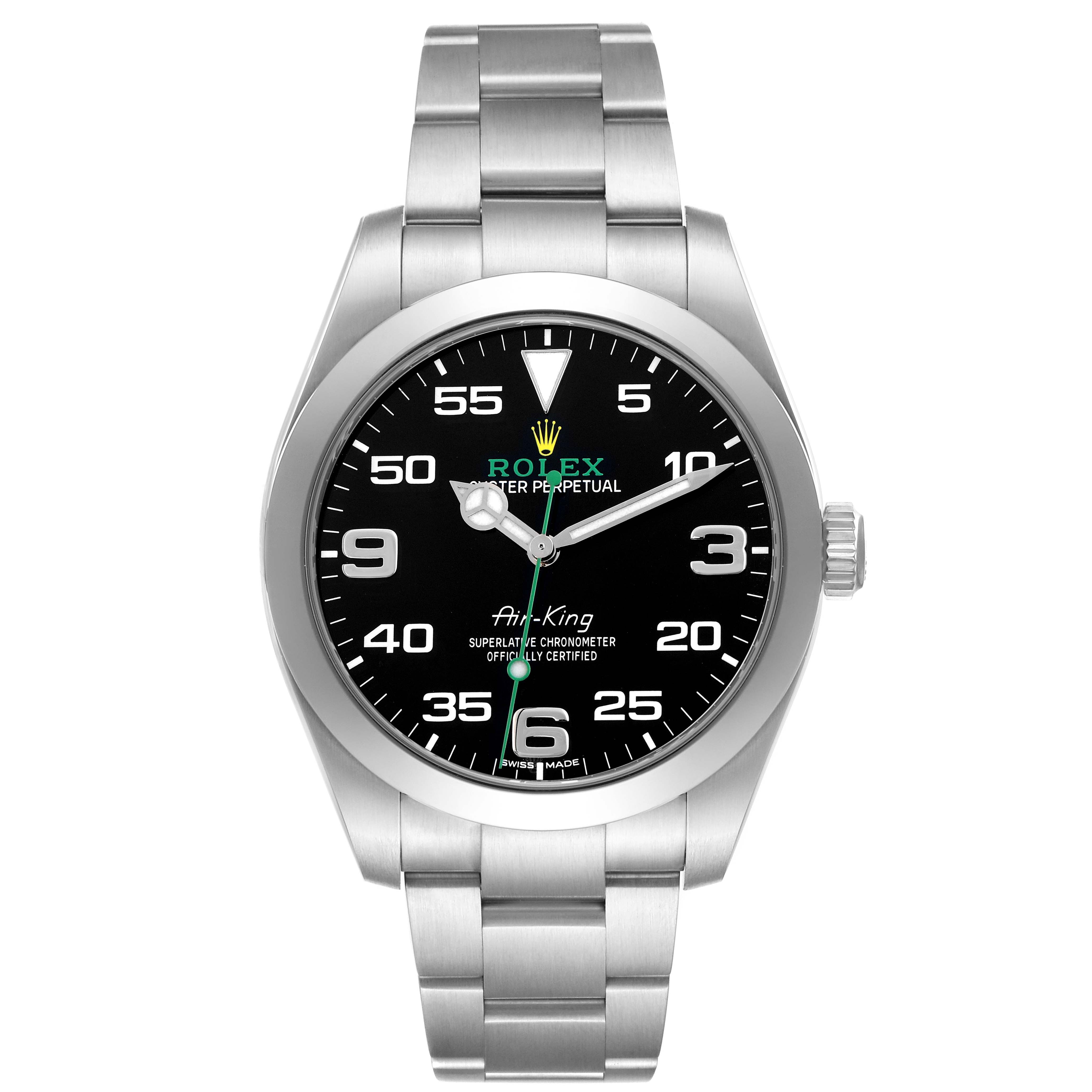 The Rolex Air-King 116900 Men
s Stainless Steel Black Dial is shown from the front, displaying the face, bezel, crown, and part of the bracelet.