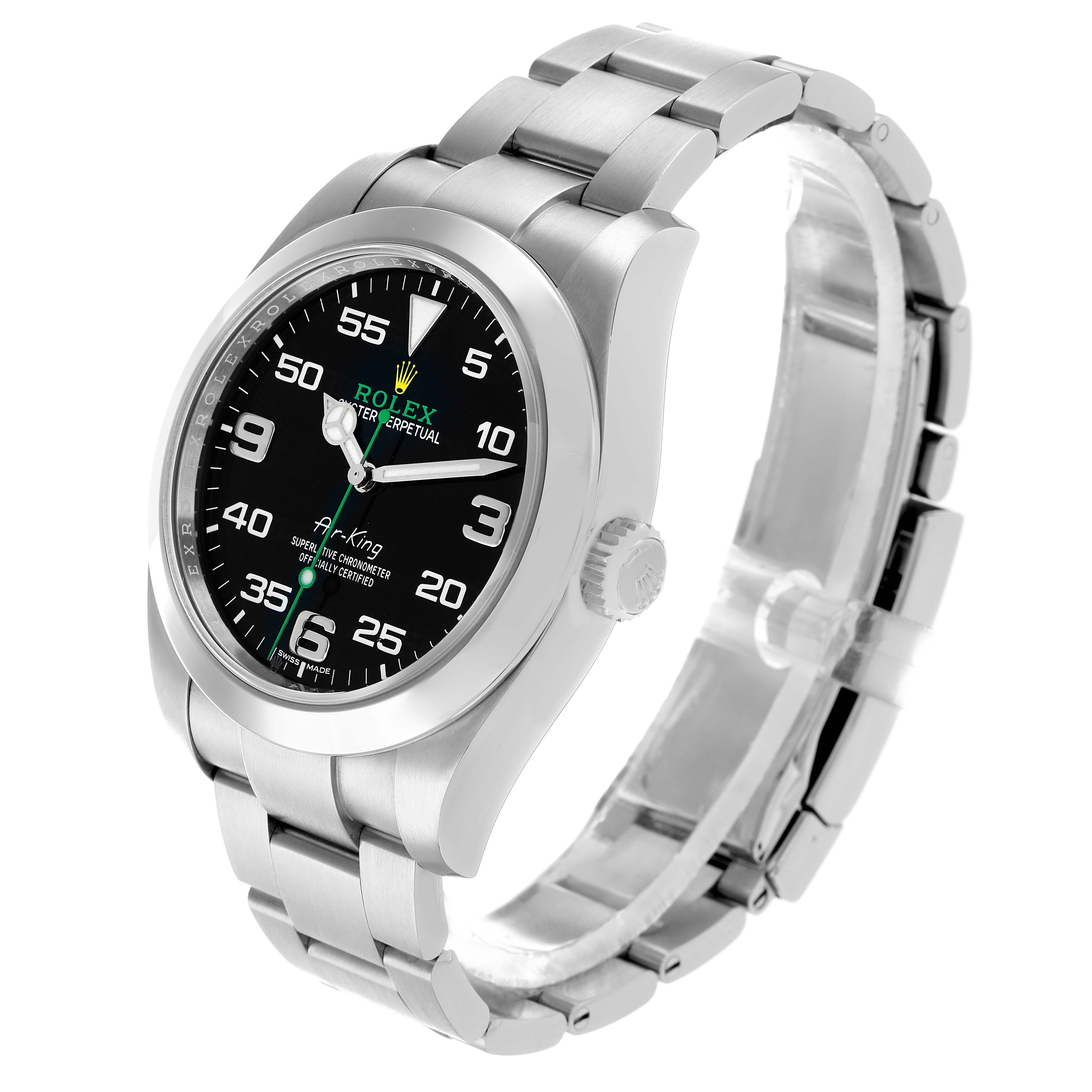 The Rolex Air-King 116900 Men
s Stainless Steel Black Dial watch is shown at a slight angle, displaying its black dial, bezel, and bracelet.