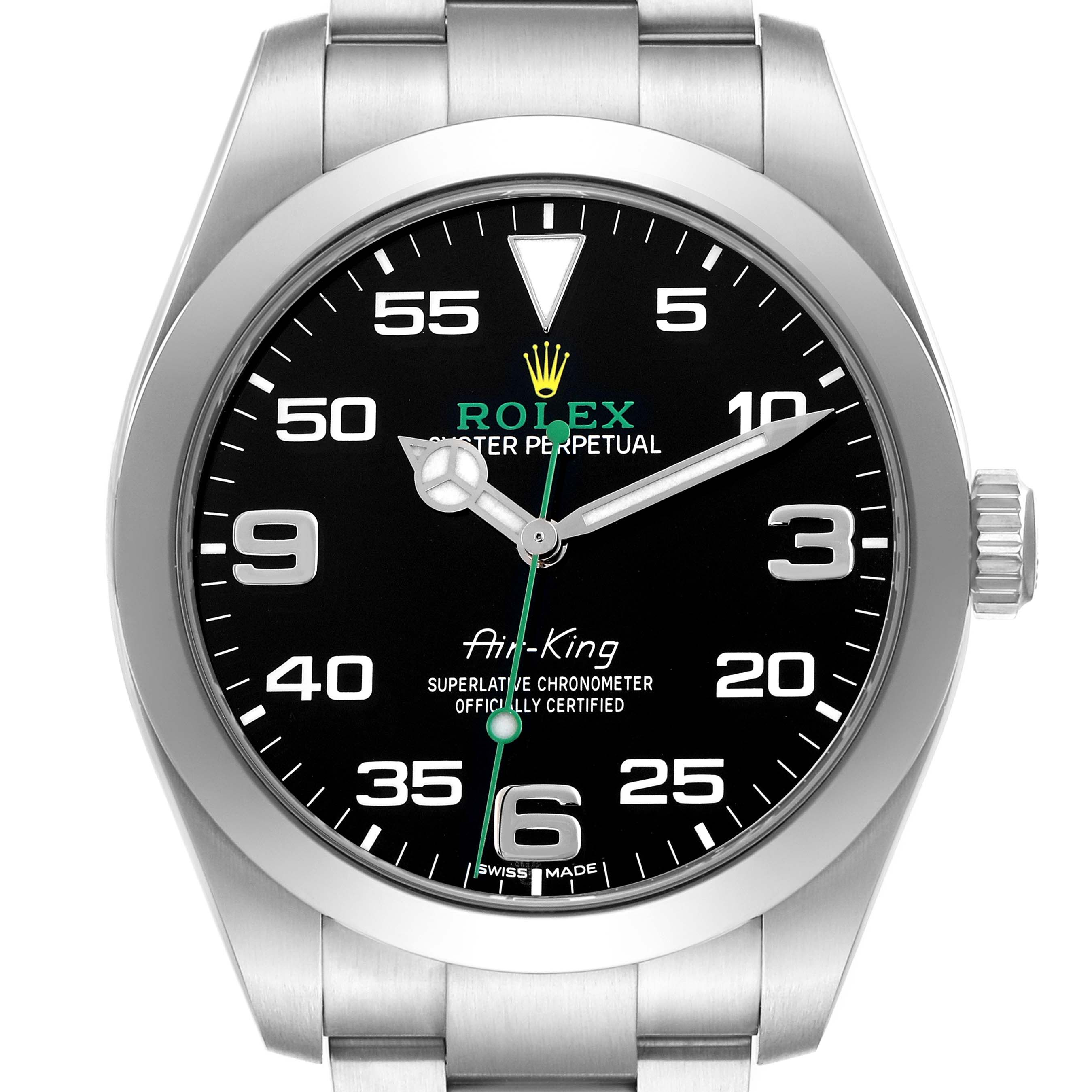 The Rolex Air-King 116900 Men
s Stainless Steel Black Dial watch is shown from the front, highlighting the dial, bezel, crown, and part of the bracelet.