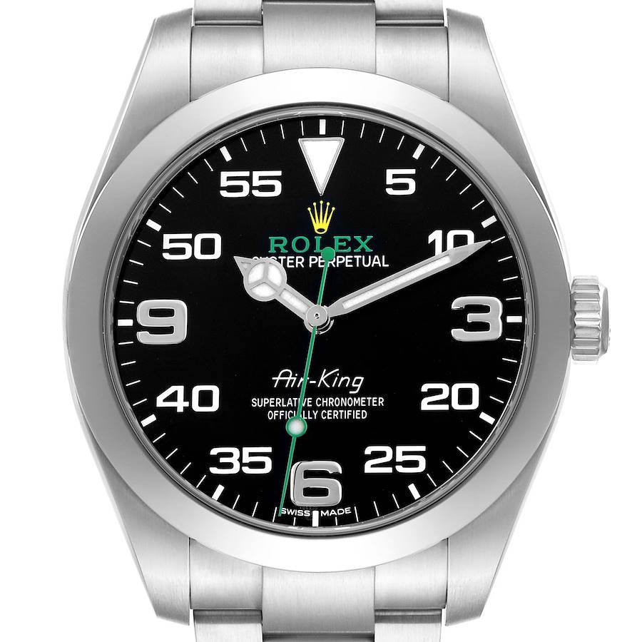 The Rolex Air-King 116900 Men's Stainless Steel Black Dial watch is shown from the front, highlighting the dial, bezel, crown, and part of the bracelet.