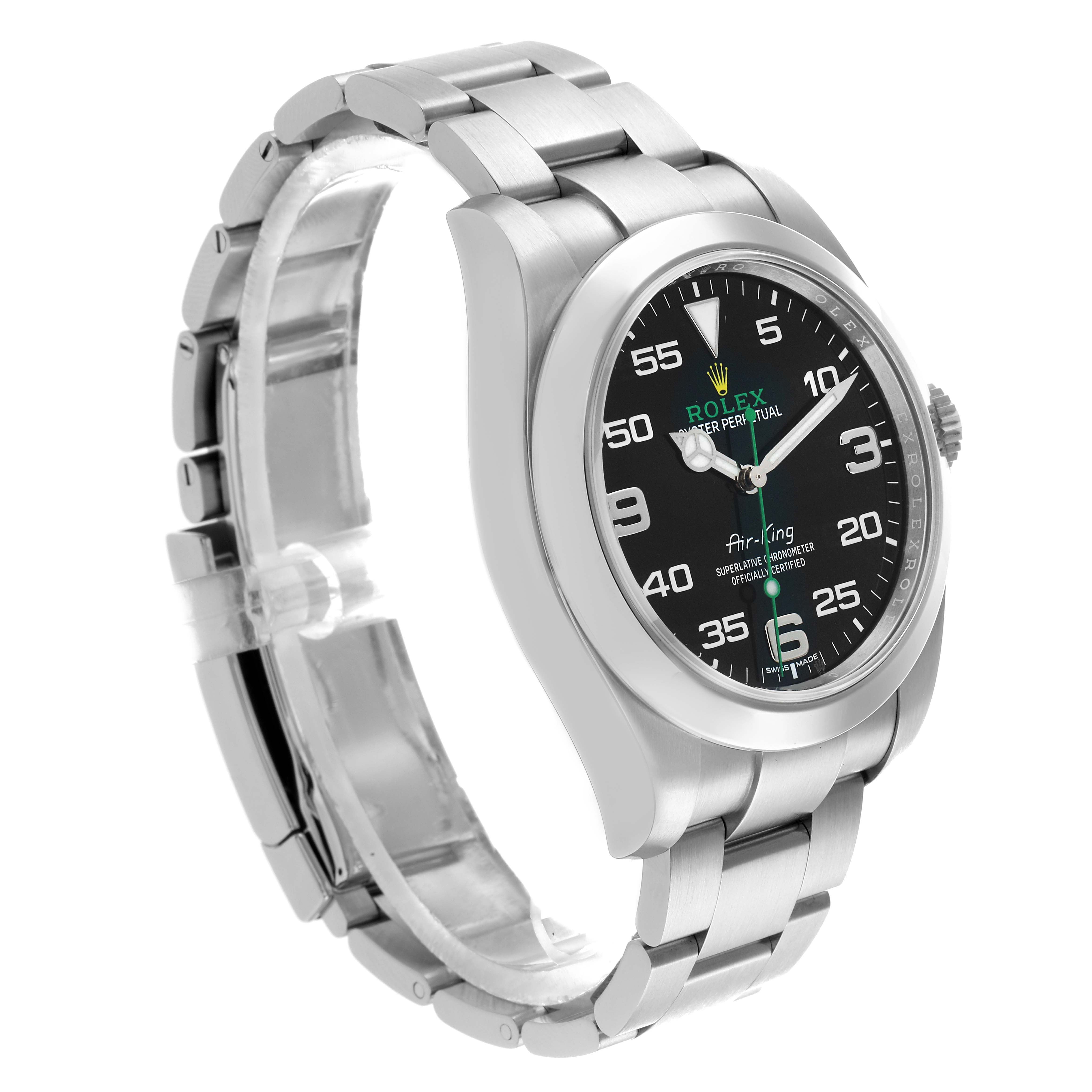 The Rolex Air-King 116900 Men
s Stainless Steel Black Dial watch is shown at an angled side view, displaying the bracelet, bezel, and dial.